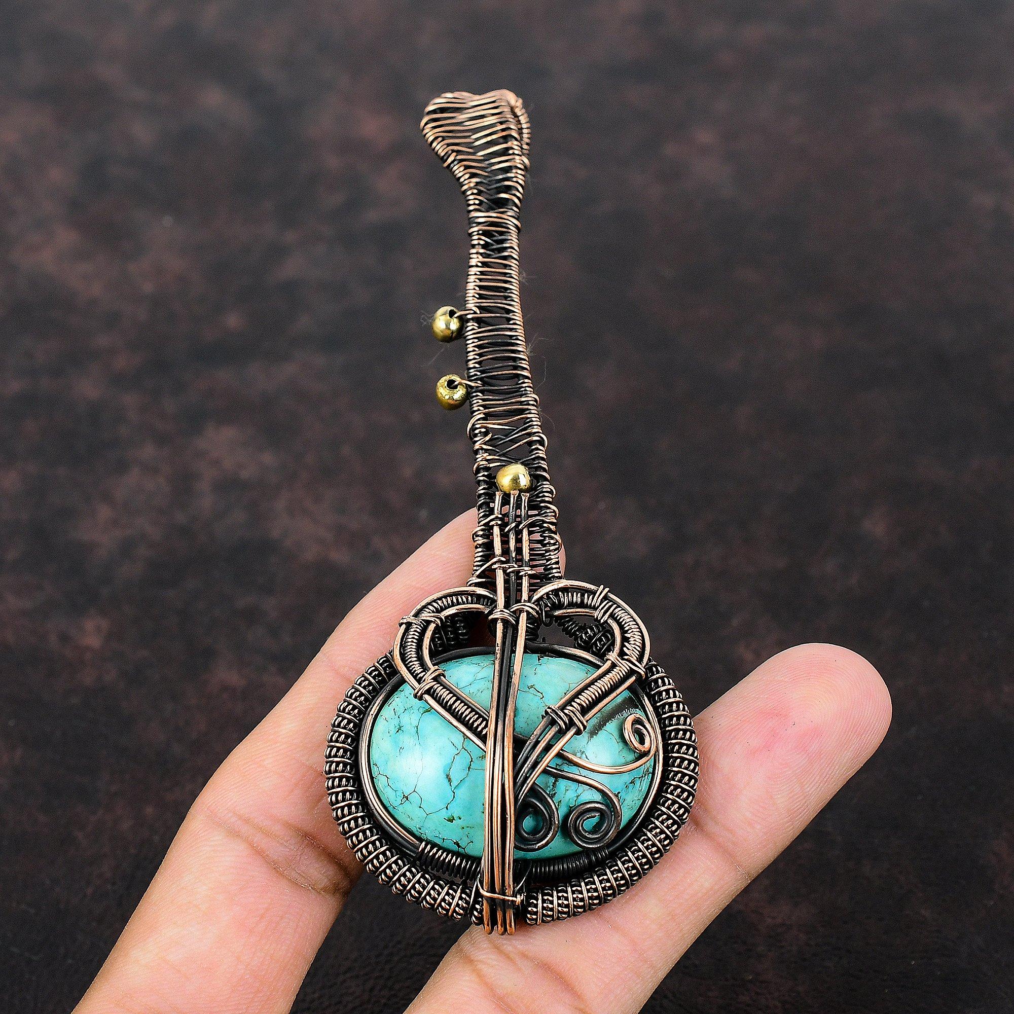 Тибетский бирюзовый кулон, обернутый медной проволокой, драгоценный камень, уникальный медный проволочный ювелирный кулон, ручная работа, гитара, бирюзовый ювелирный подарок