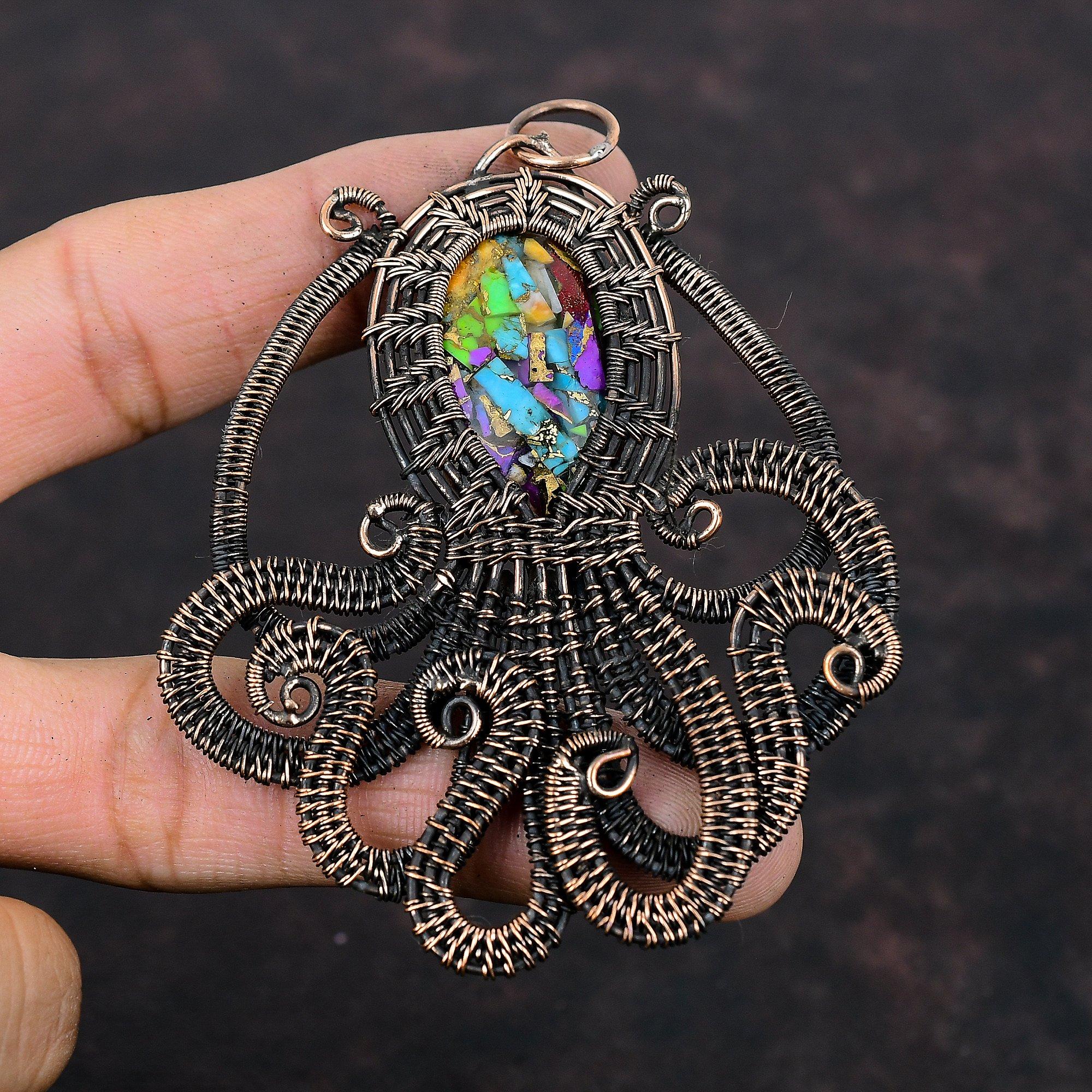 Fiesta Kingman Бирюзовый кулон Медная проволока обернутый драгоценный камень кулон Multi Медный бирюзовый кулон Осьминог ручной работы Медные украшения