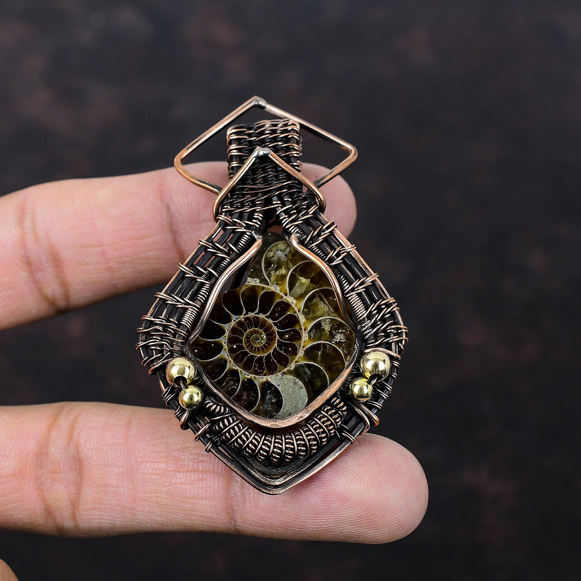 Ископаемый аммонитовый кулон, медная проволока, ювелирные изделия из драгоценных камней, медный кулон, этнические украшения, кулон ручной работы, кулон из проволочной обмотки, подарок для женщин