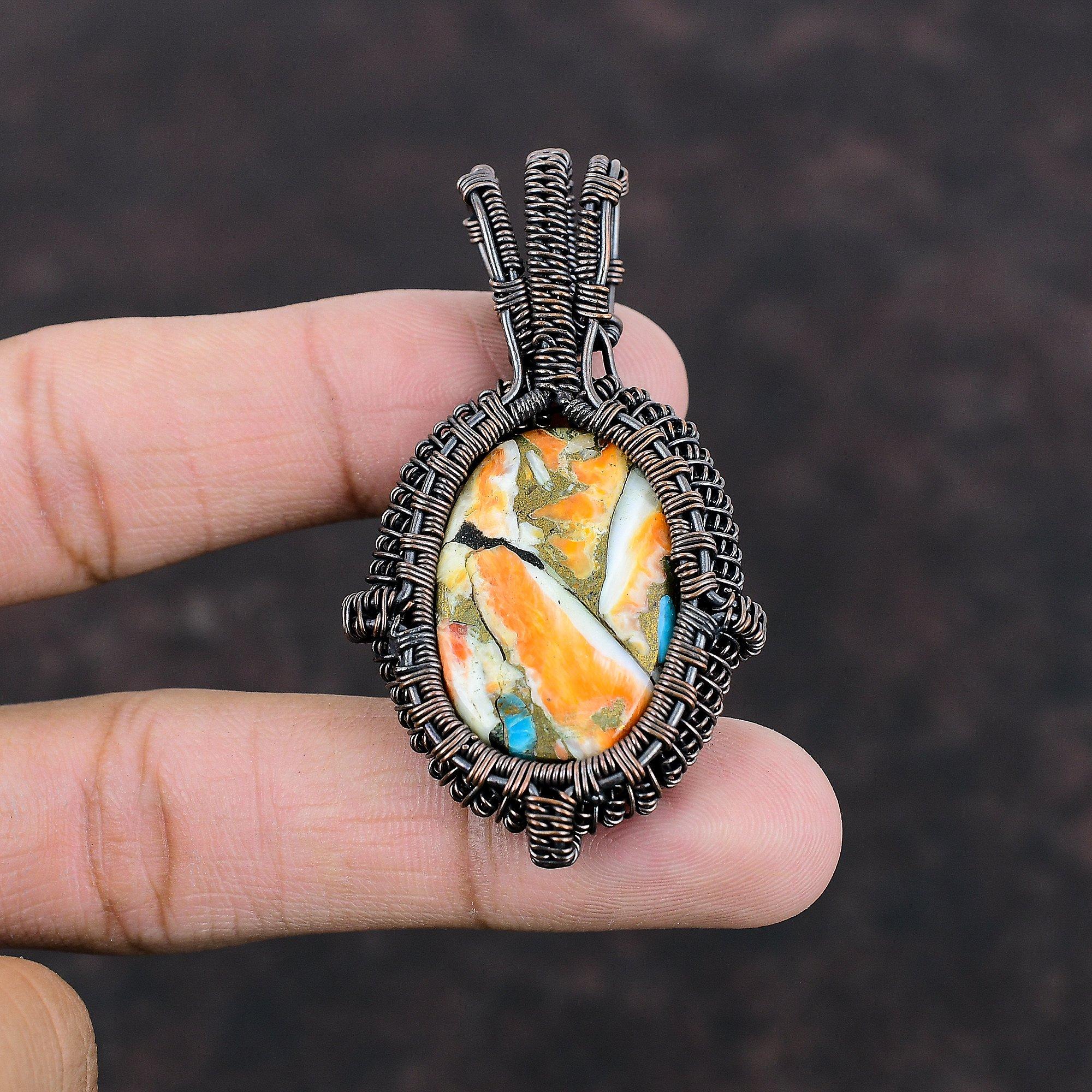 Колючая устрица, медная бирюзовая подвеска, медная проволока, обернутая подвеска, новейший дизайн, подвеска ручной работы, подвеска из драгоценных камней, уникальные ювелирные изделия из медной проволоки