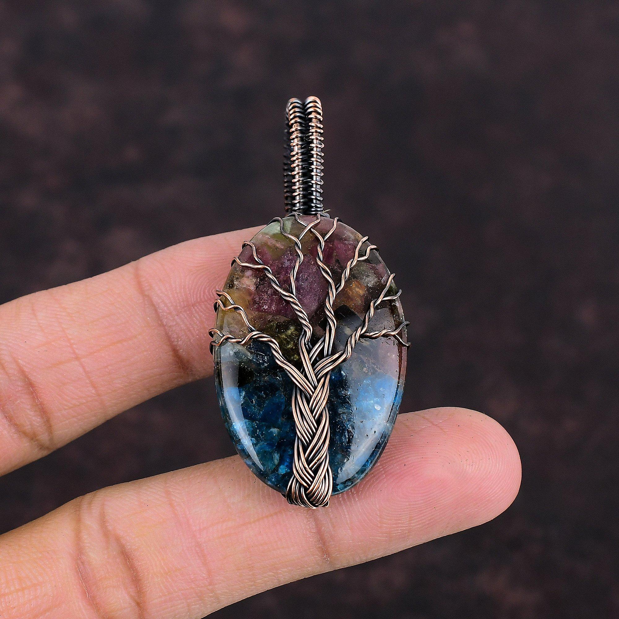 Кулон «Древо жизни» с арбузом и турмалином, кулон в проволочной обмотке, драгоценный камень, медный кулон, ювелирный подарок в проволочной обертке, подвески ручной работы для него