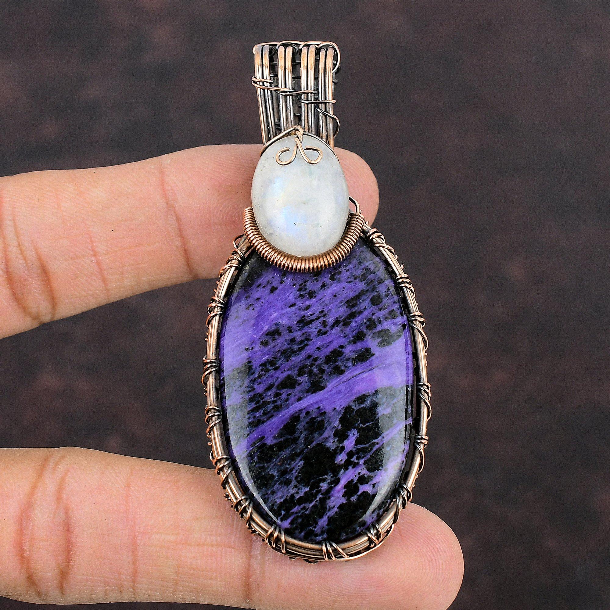 Charoite Copper Wire Wrapped Pendant Gemstone Jewelry Handmade Unique Pendant Rainbow Moonstone Jewelry Gift For Her Charoite Copper Jewelry