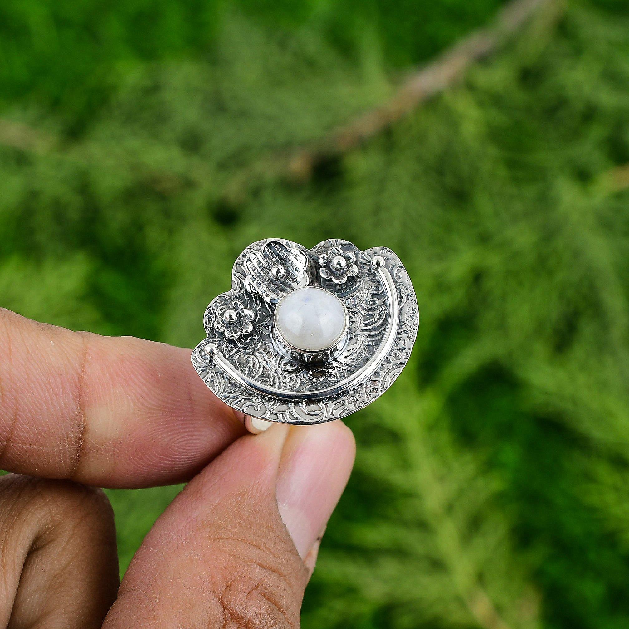 Sterling Silver Natural Rainbow Moonstone Flower Solitaire Wedding Ring Jewelry