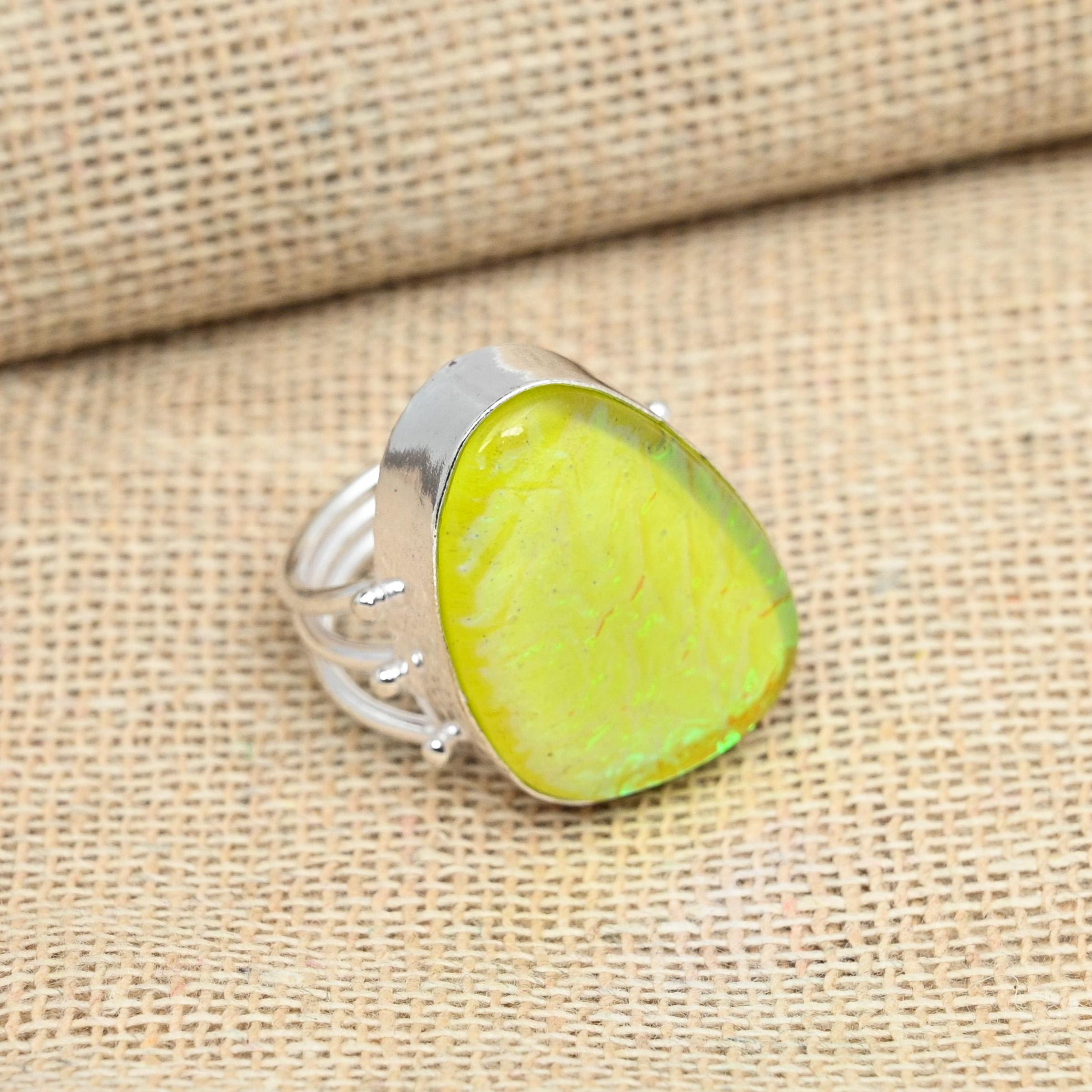Желтый тройной опаловый драгоценный камень 925 пробы Серебряные ювелирные изделия Мемориальное подарочное кольцо ручной работы
