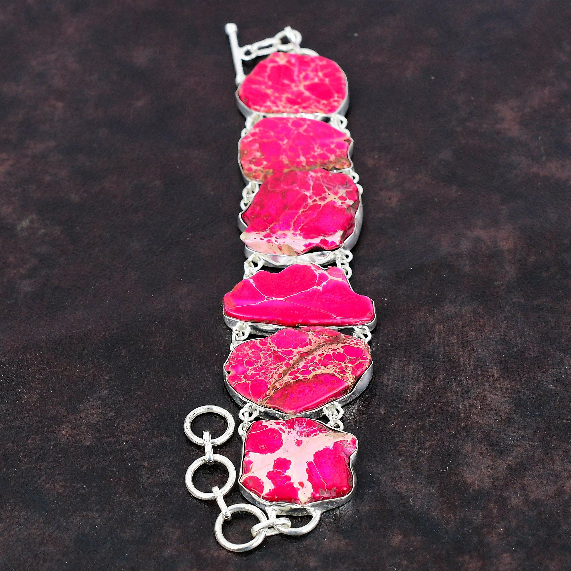 Браслет из яшмы из розового моря, браслет из стерлингового серебра 925 пробы, регулируемый браслет-цепочка, ювелирные изделия ручной работы, браслет из драгоценных камней, подарок для невесты