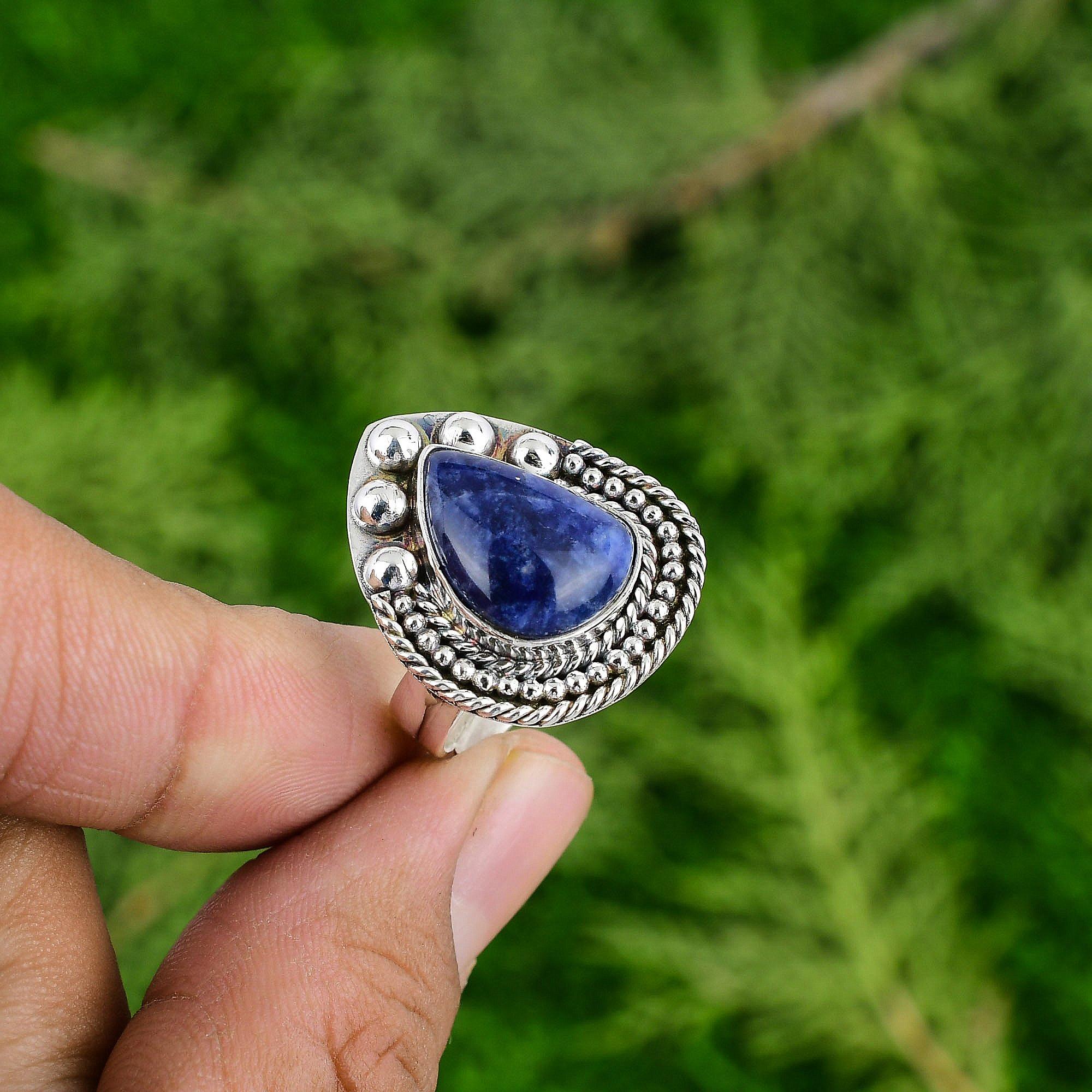 Sterling Silver Pear Natural Lapis Lazuli Bezel Solitaire Daughter Ring Jewelry