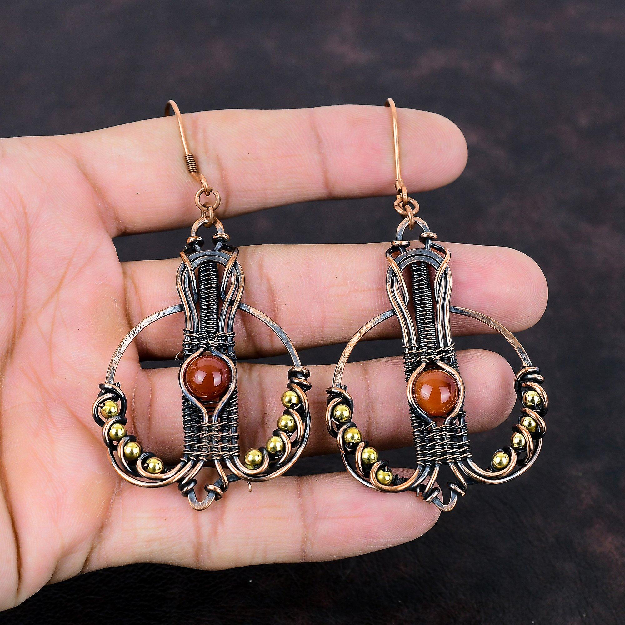 Сердолик Серьги Медная проволока Серьги Медные украшения Серьги ручной работы с драгоценными камнями Уникальные серьги для женщин Проволочная обертка Ювелирные изделия для подарка