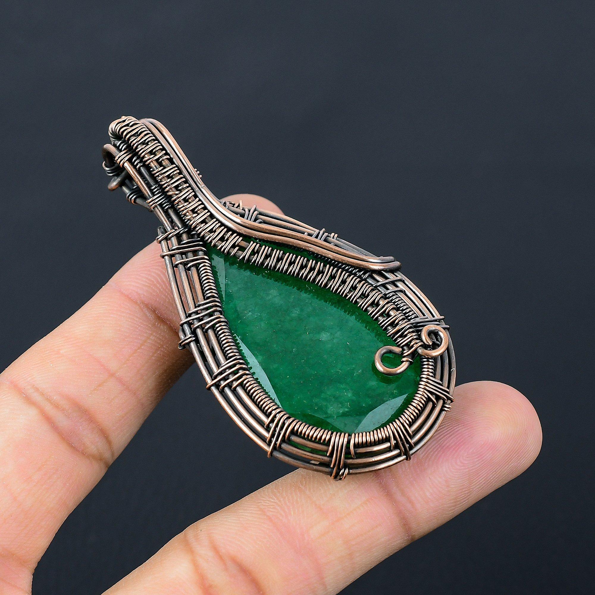 Lab-Created Emerald Gemstone Pure Copper Wire Wrapped Handmade Pendant Jewelry