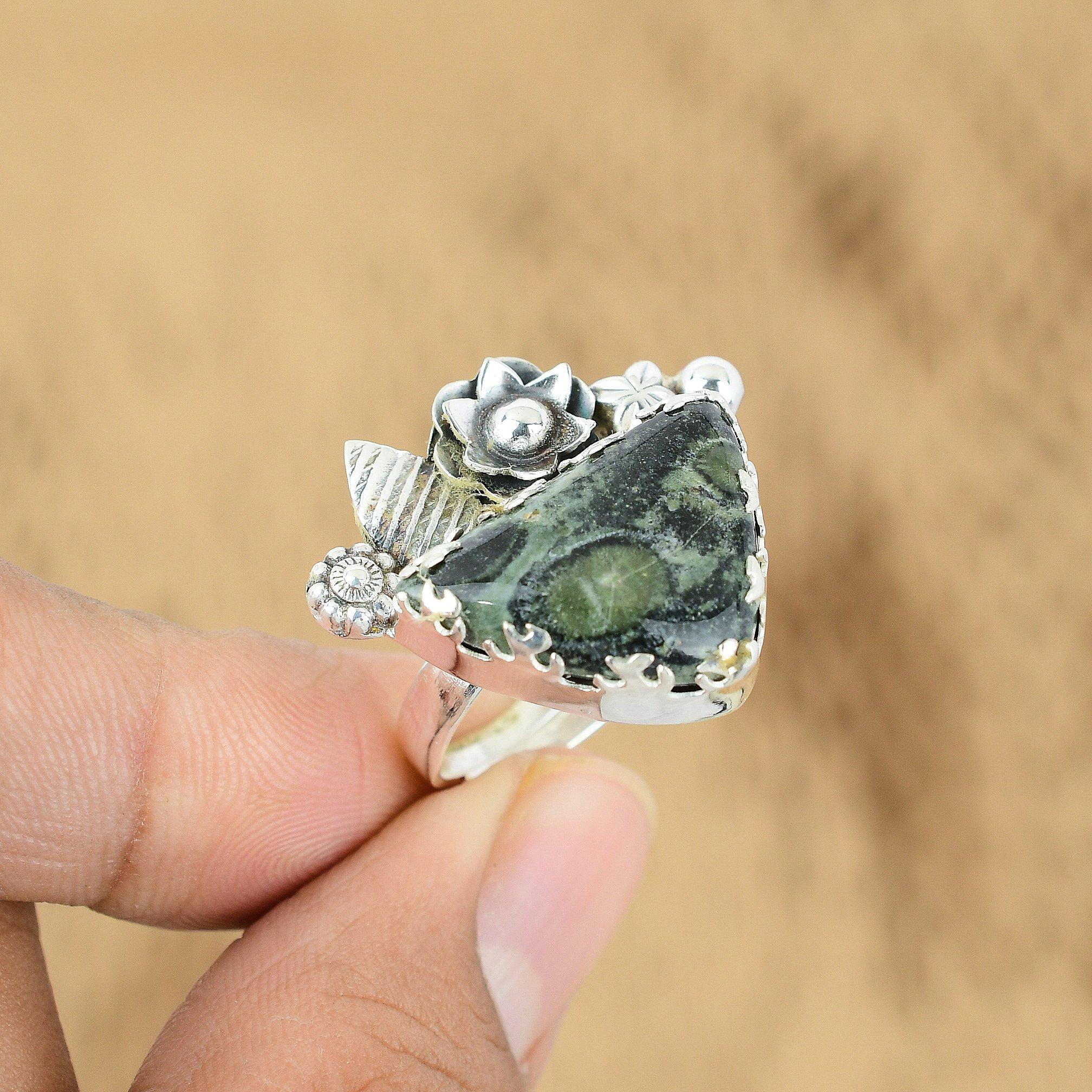 Серебро 925 пробы Камень Камбаба Яшма Ручная работа Кольцо-обещание Мать-цветок Ювелирное изделие