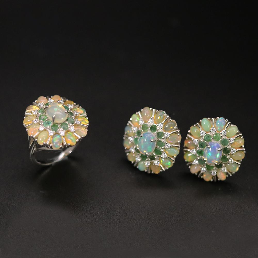 Новый роскошный комплект украшений с большим опалом и изумрудом, натуральный Эфиопский опал, нано-изумруд, вечерние изысканные украшения для женщин, жены, хороший подарок