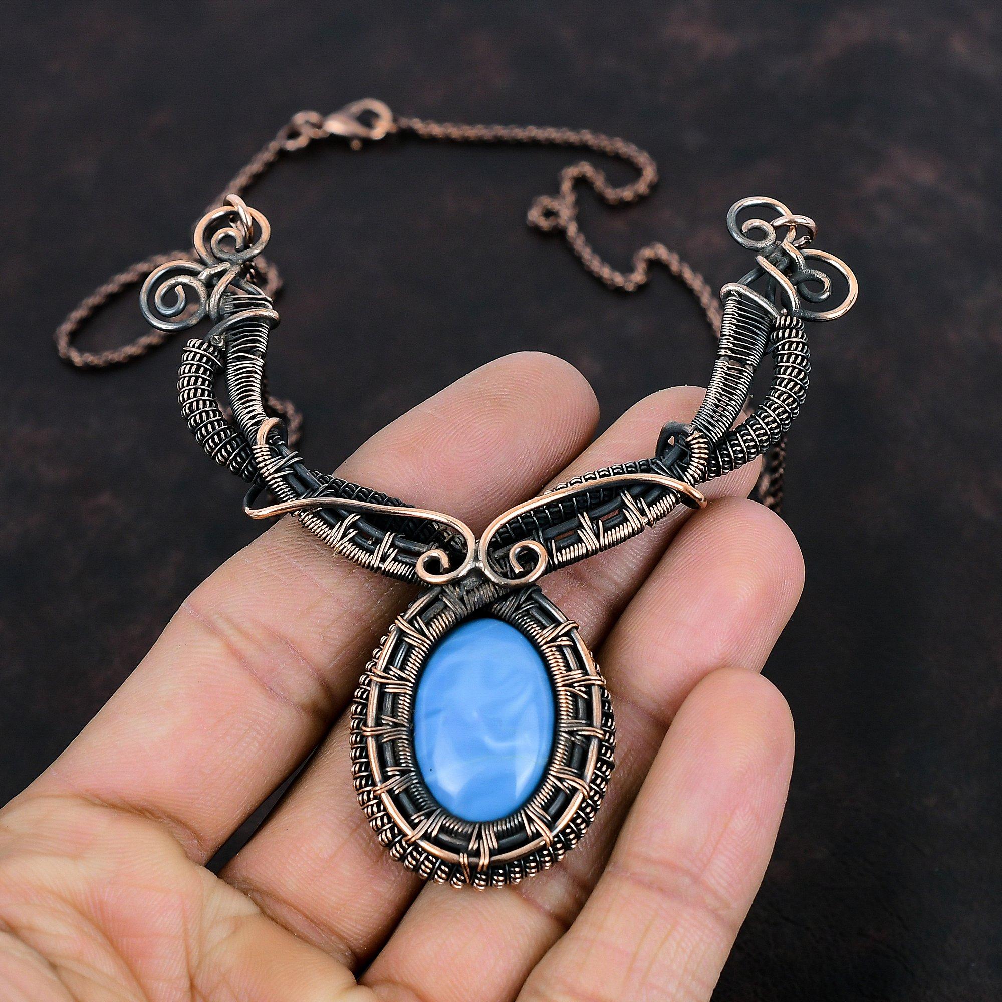 Ожерелье Owyhee Blue Opal, обернутое медной проволокой, ювелирное изделие ручной работы, ожерелье из драгоценных камней, ожерелье из медной проволоки, антикварные ювелирные изделия для подарков