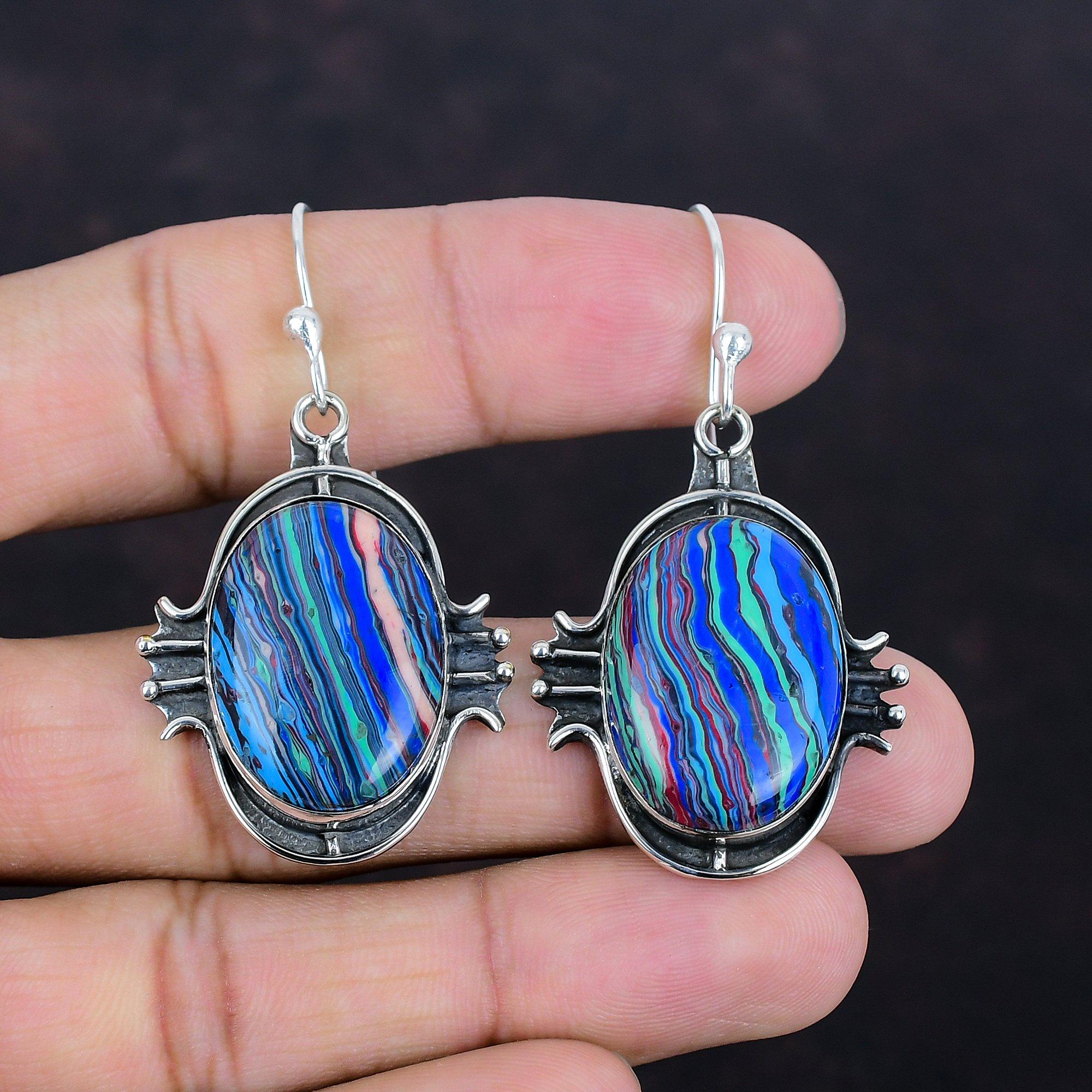 Серьги Rainbow Calsilica из стерлингового серебра 925 пробы, серьги ручной работы, уникальные стильные украшения, серьги с драгоценными камнями, подарки для нее, дизайнерские украшения