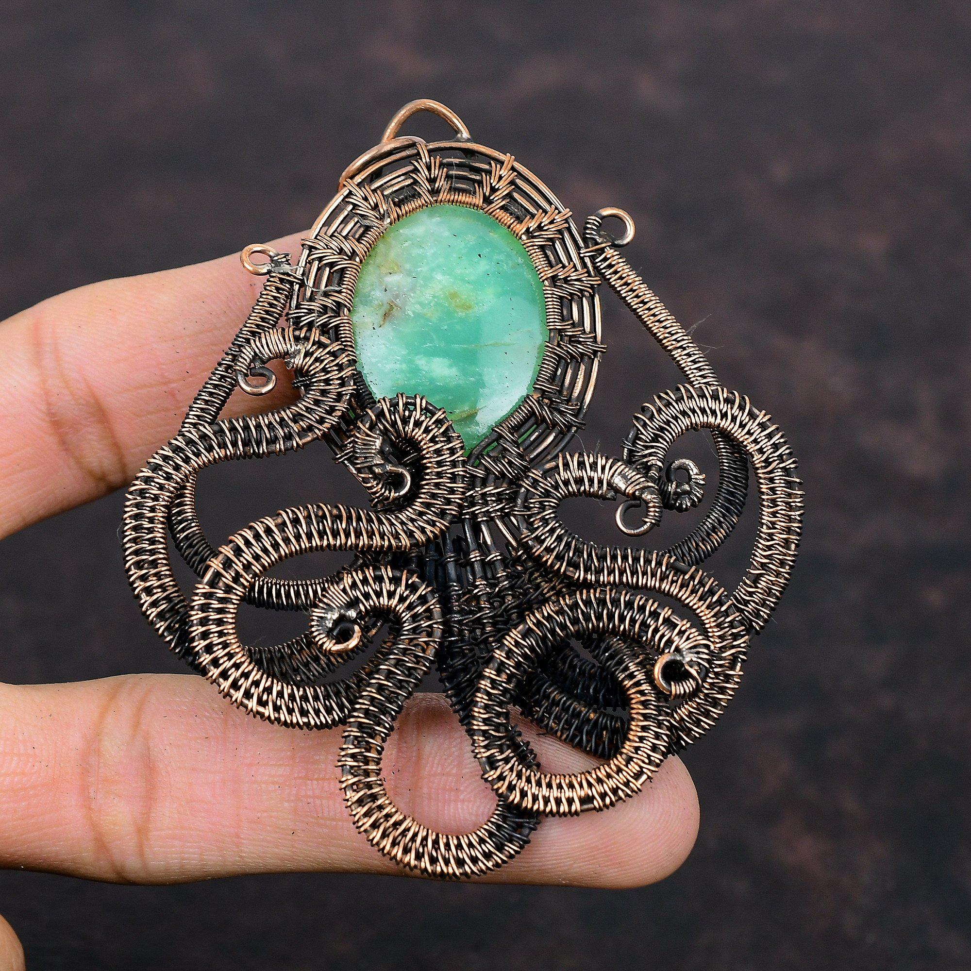 Подвеска из хризопраза, подвеска из медной проволоки, ювелирное изделие ручной работы из хризопраза, подвеска в виде осьминога из драгоценного камня, подарок на годовщину, уникальное ювелирное изделие из меди