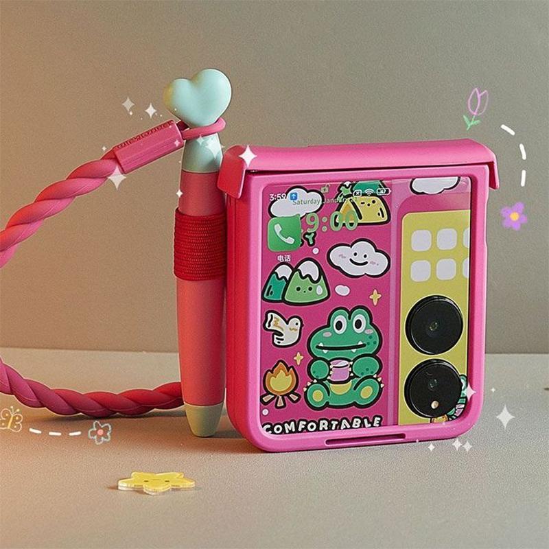 Z Flip7 Case with Stylus Cartoon 3D Phone Cases for Samsung Galaxy Z Flip7 ZFlip6 ZFlip5 ZFlip4 ZFlip3 /Xiaomi mix flip Cases with Strap Lanyard