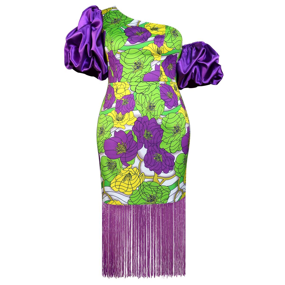 AOMEI Purple Printed Fringe Dresses for Women Bare Shoulder Irregular Short Puff Sleeves Floral Bodycon Evening Party Tassel Vestidos