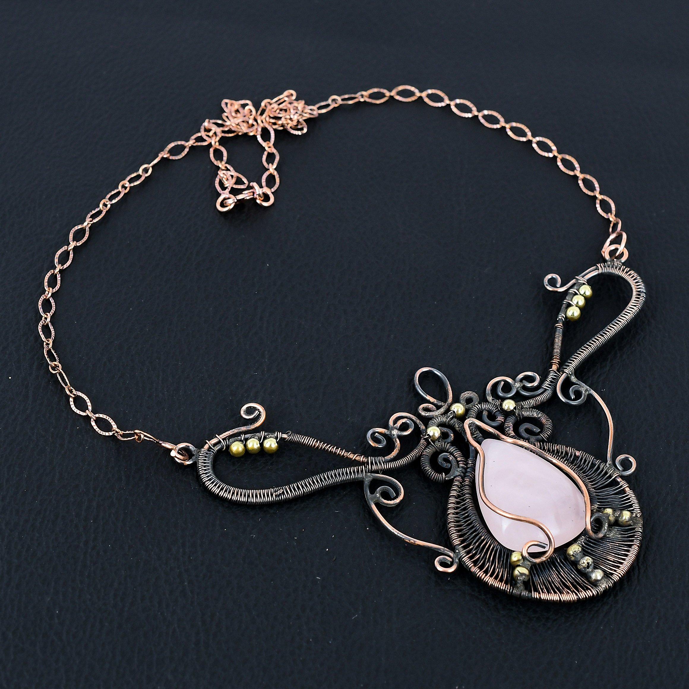 Привлекательный розовый кварц с драгоценным камнем ручной работы из чистой медной проволоки, ювелирное ожерелье