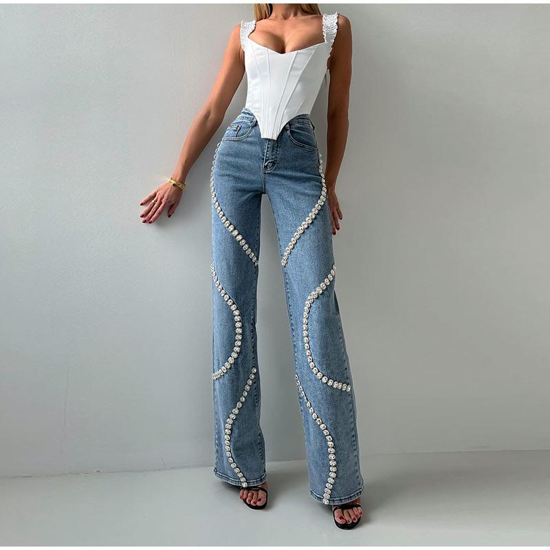 Fashionable Unique Jeans Women's 2025 Spring Autumn New Trendy Rhinestone Embellished Design Sensible Straight-Leg Solid Color Denim Trousers