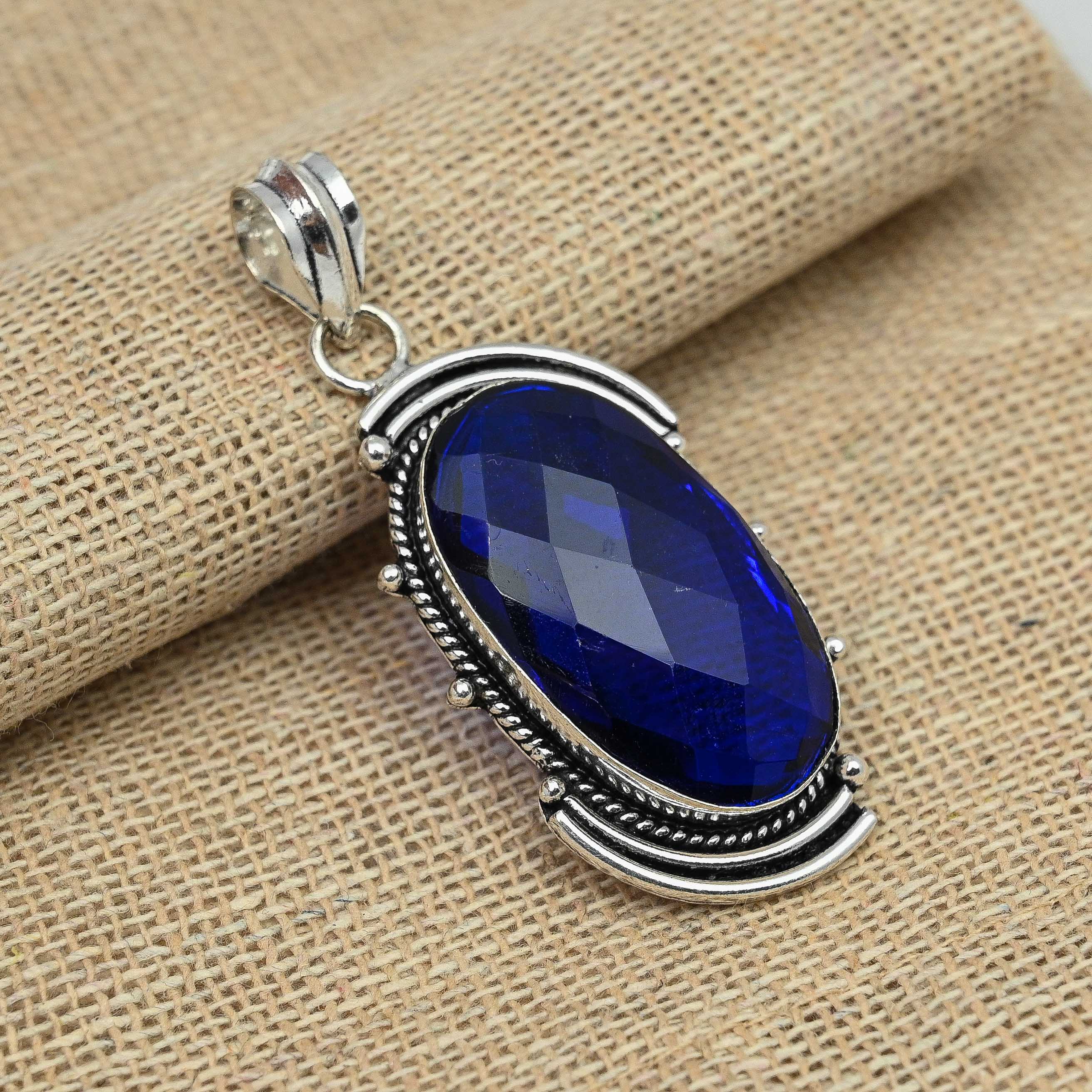 Созданный в лаборатории граненый синий сапфировый драгоценный камень, ювелирные изделия из стерлингового серебра 925 пробы, кулон ручной работы