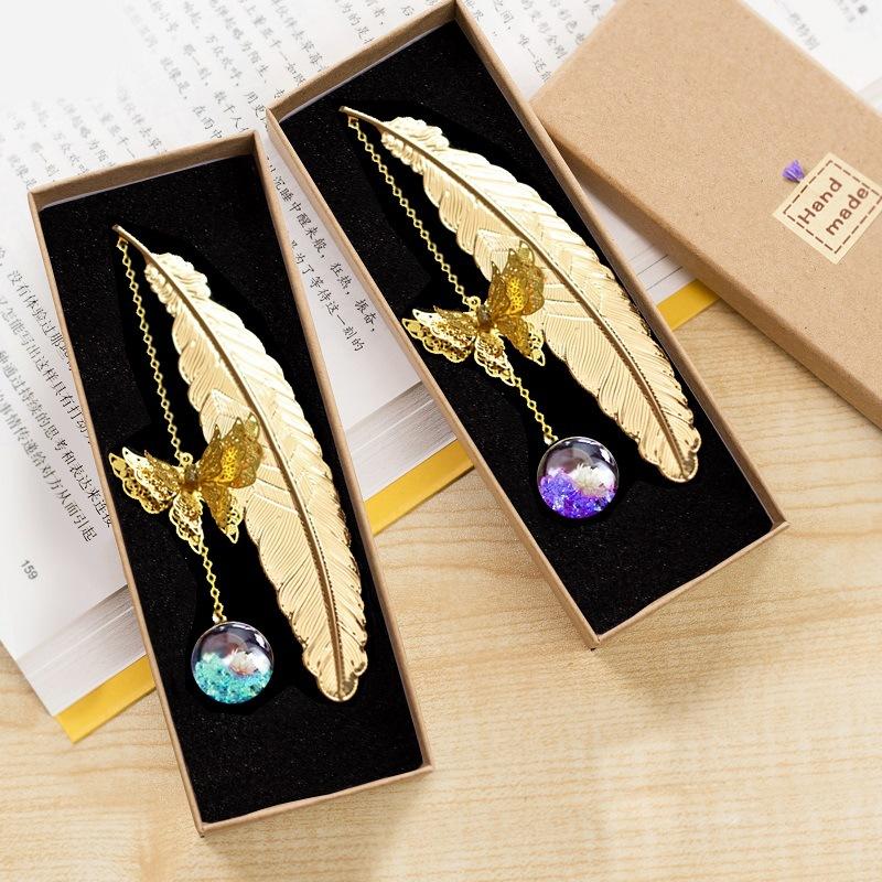 1pc Chinese Style Metal Feather Bookmark Creative Immortal Dried Flower Butterfly Leaf Student Bookmark Teacher's Day Gift