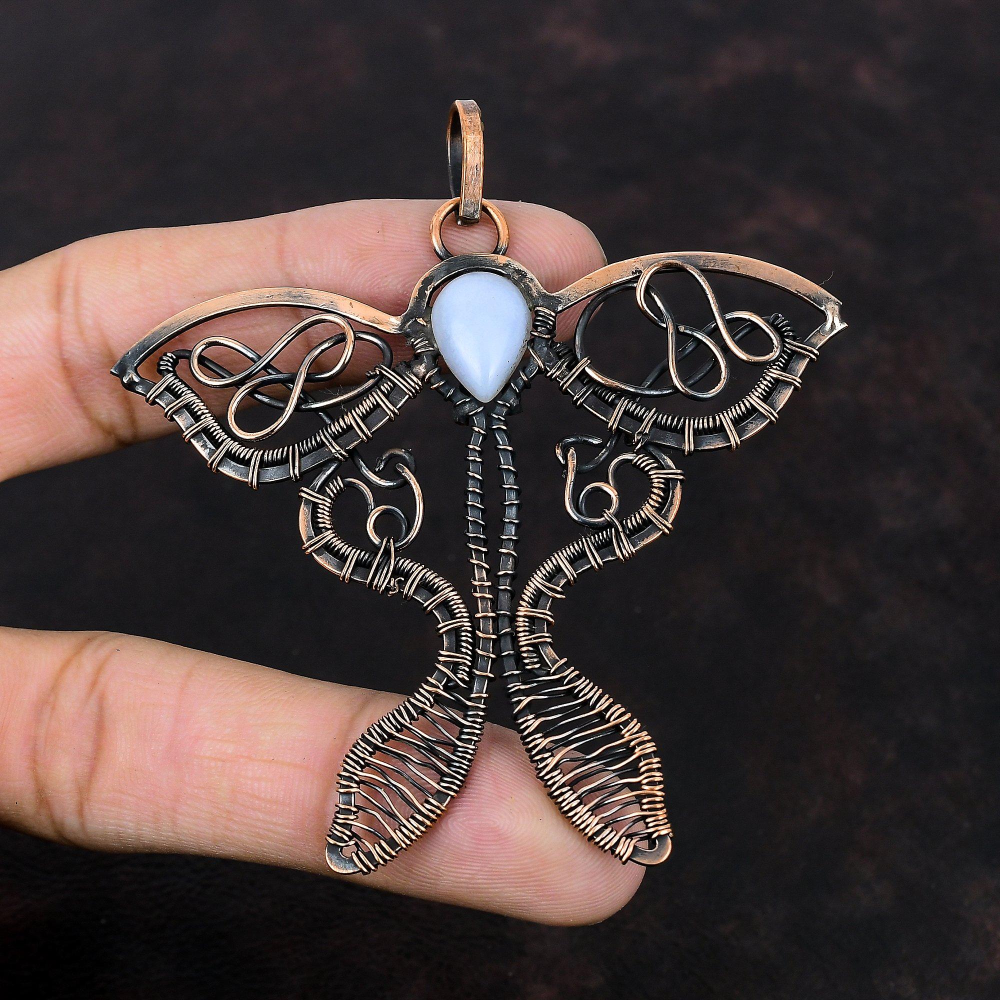 Подвеска из голубого кружевного агата, подвеска из медной проволоки, подвеска ручной работы в виде бабочки, медное ювелирное украшение, подвеска с драгоценным камнем, дизайнерский кулон, свадебный подарок