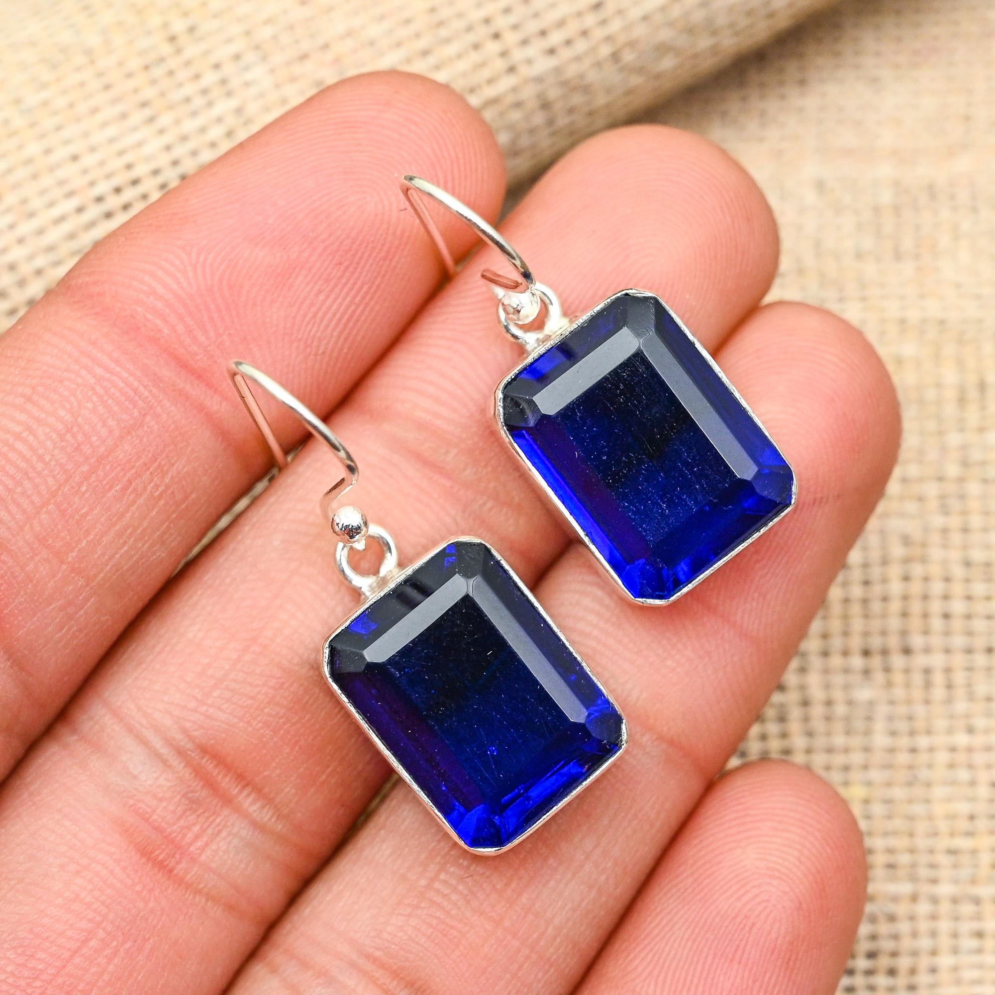 Blue Sapphire Lab-Created Gemstone Handmade 925 Solid Sterling Silver Jewelry Earrings