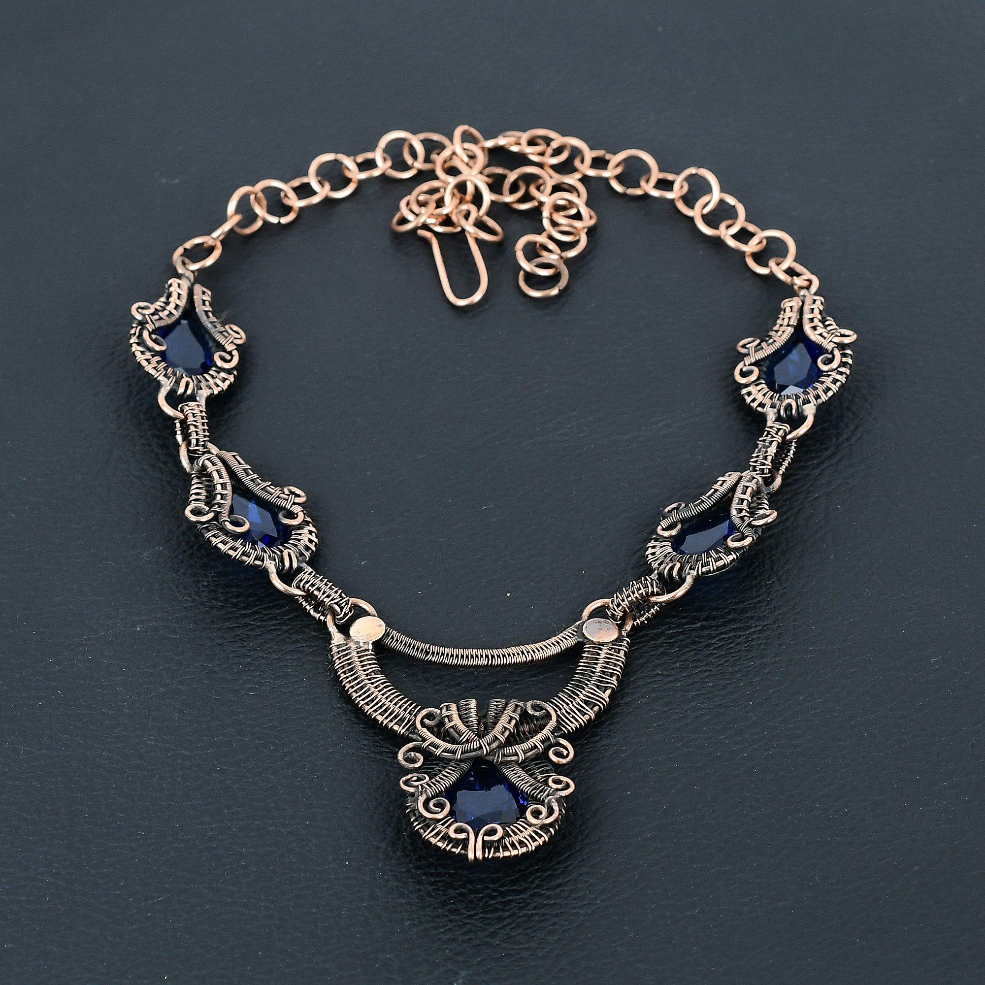 Синий сапфир, созданный в лаборатории драгоценный камень, ювелирное ожерелье ручной работы из чистой медной проволоки для любви