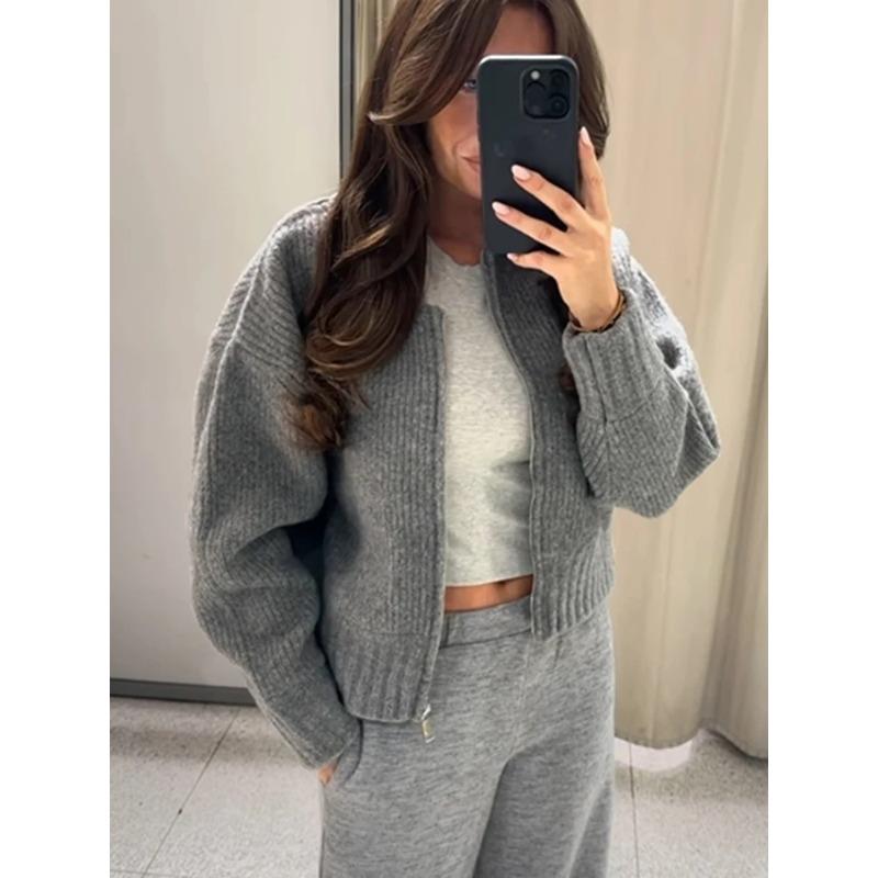 Серый кардиган на молнии с круглым воротом, короткий свитер, утолщенный, повседневный, с длинным рукавом, женский топ, свободный трикотаж, осень-зима