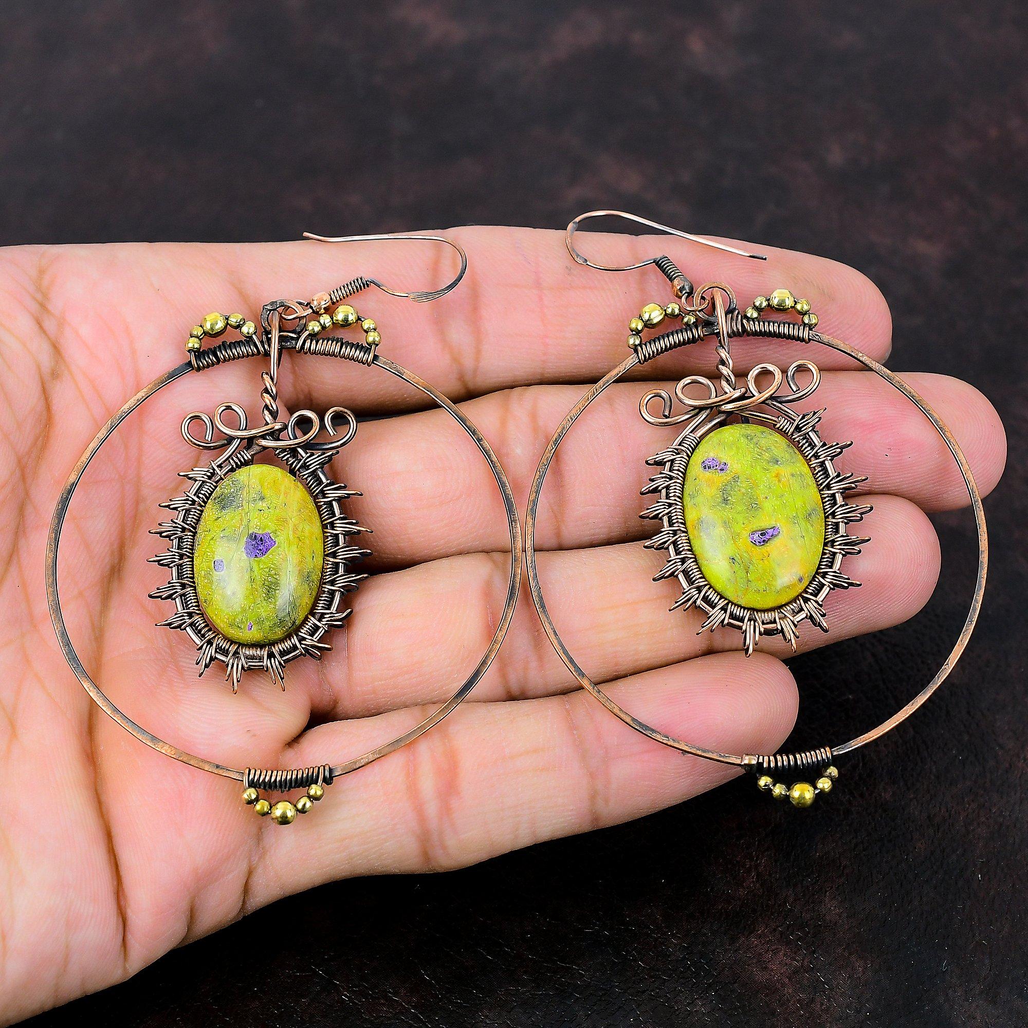 Серьги Stichtite Серьги с медной проволокой, обернутые в обертку Ювелирные изделия с драгоценными камнями Дизайнерские серьги Серьги ручной работы Подарок на годовщину Ювелирные изделия с медной проволокой