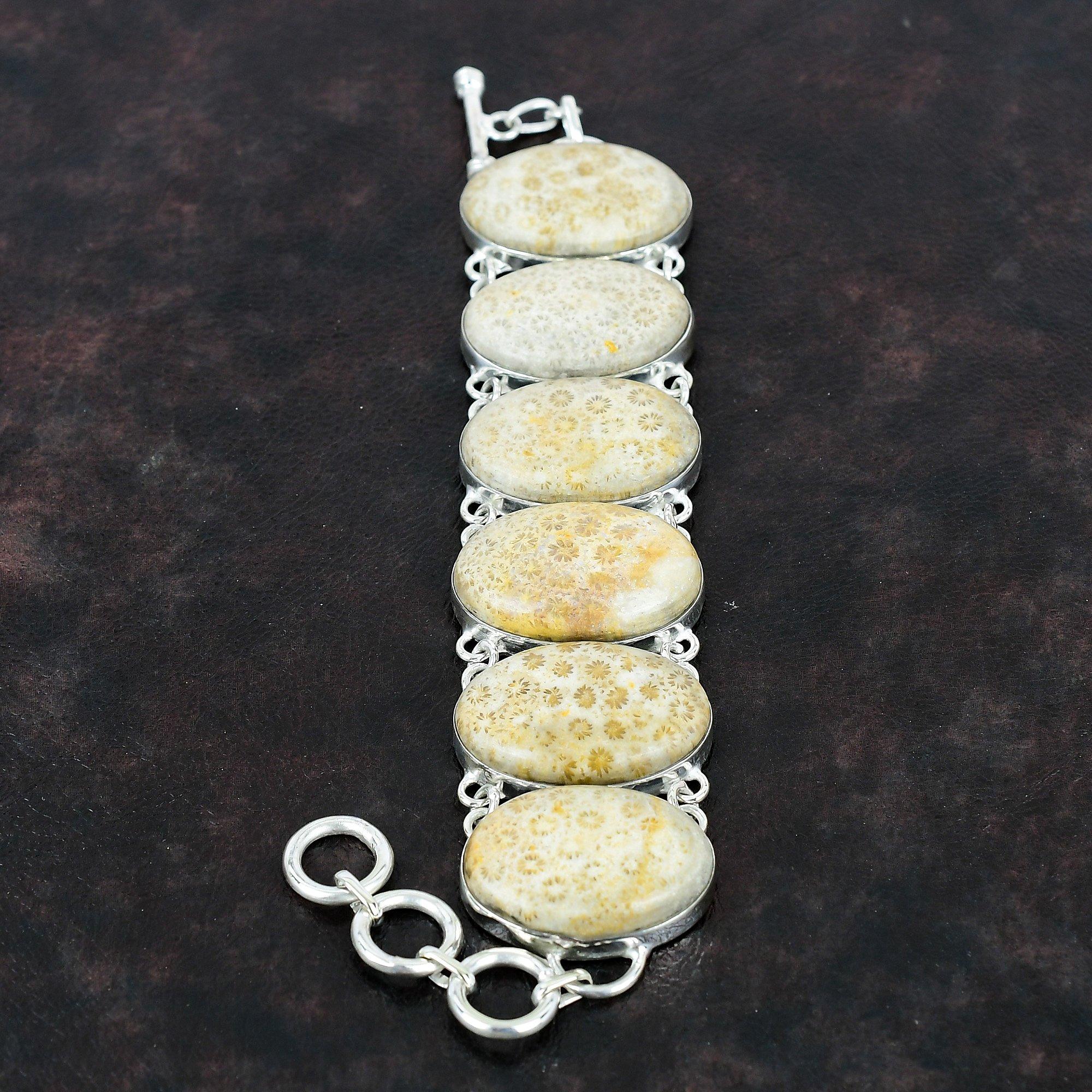 Браслет из ископаемого коралла Браслет из драгоценного камня Браслет из стерлингового серебра 925 пробы Регулируемый браслет-цепочка ручной работы Ювелирные изделия из ископаемого коралла Подарки для женщин