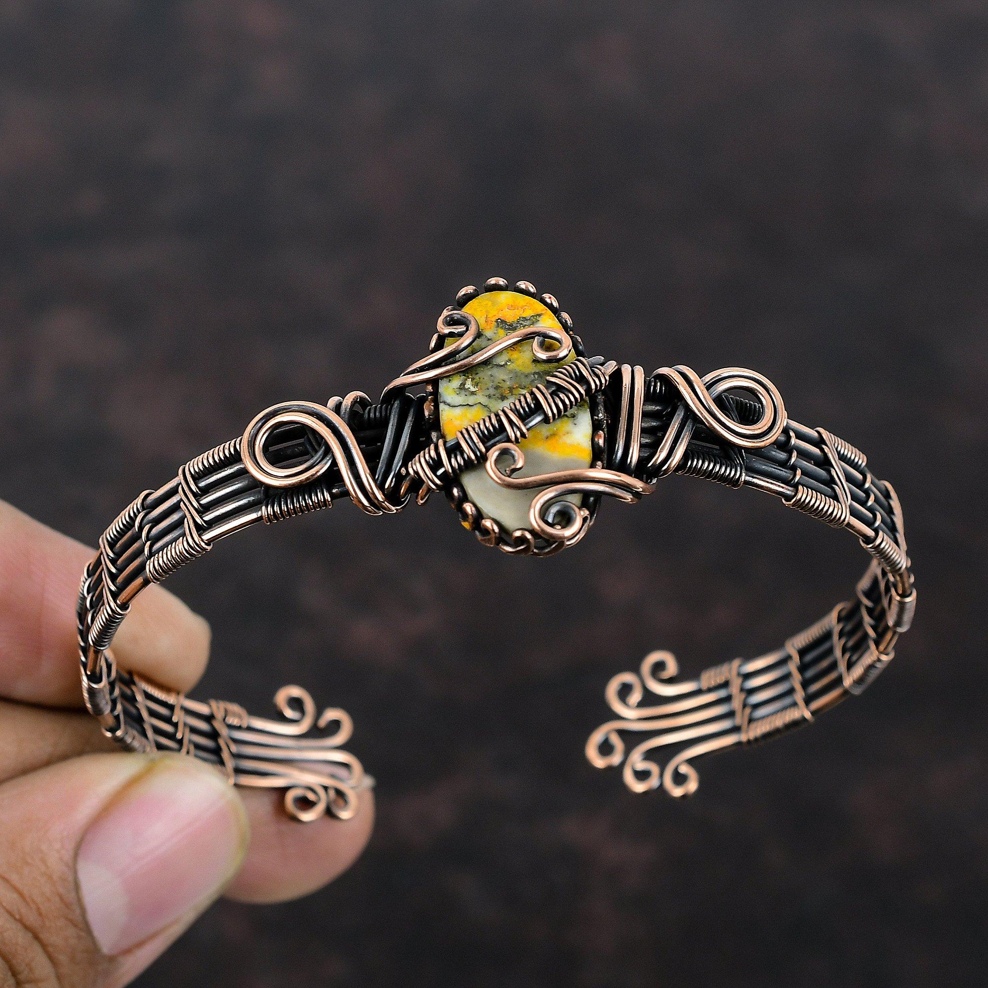 Браслет-манжета из медной яшмы с проволокой, браслет из драгоценного камня, медные ювелирные изделия, регулируемый браслет-манжета, подарок для мамы, браслет ручной работы