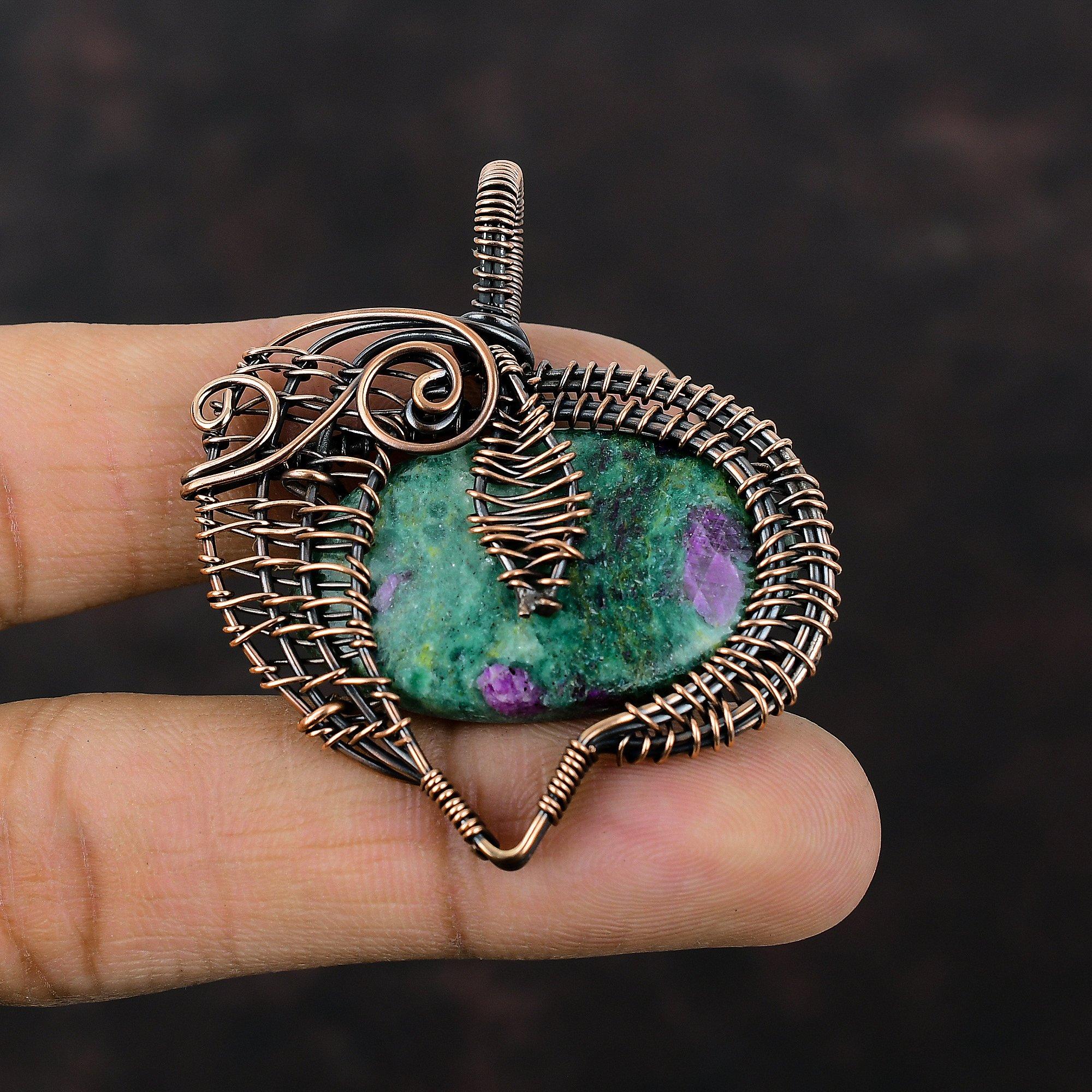 Подвеска из рубина и фуксита, обмотанная медной проволокой, подвеска ручной работы, украшение из медной проволоки, подвеска из драгоценного камня, подарок для жены, совершенно новое украшение