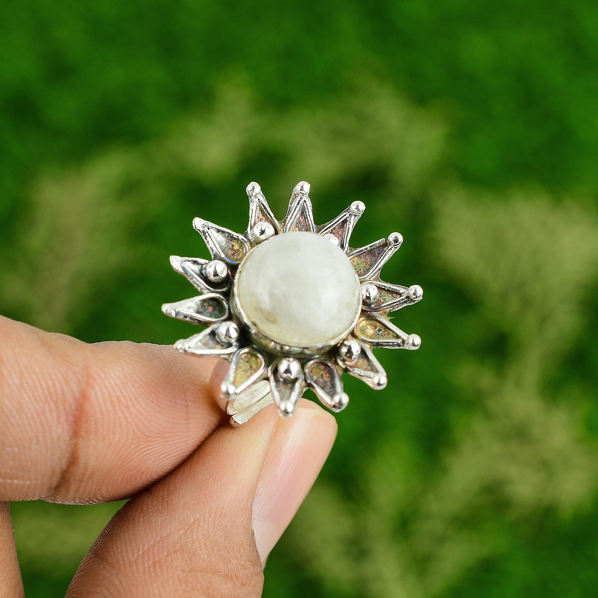 Womens day Sale Natural Rainbow Moonstone Flower Promise Ring Jewelry 925 Silver