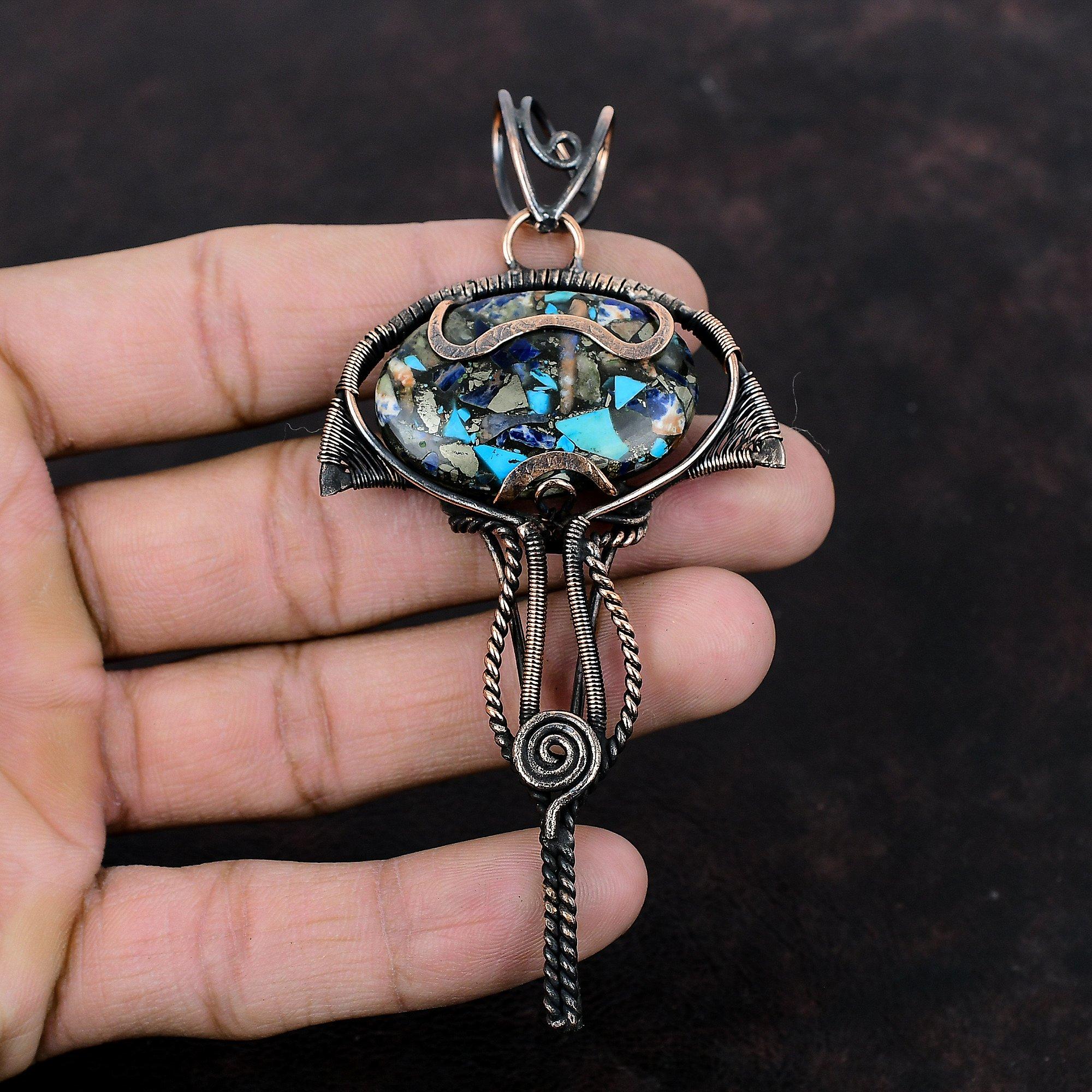Медный многоцветный бирюзовый кулон, обернутый медной проволокой, очень красивое ювелирное изделие с драгоценными камнями, элегантный кулон, ручная работа, медное ювелирное изделие, подарок для него
