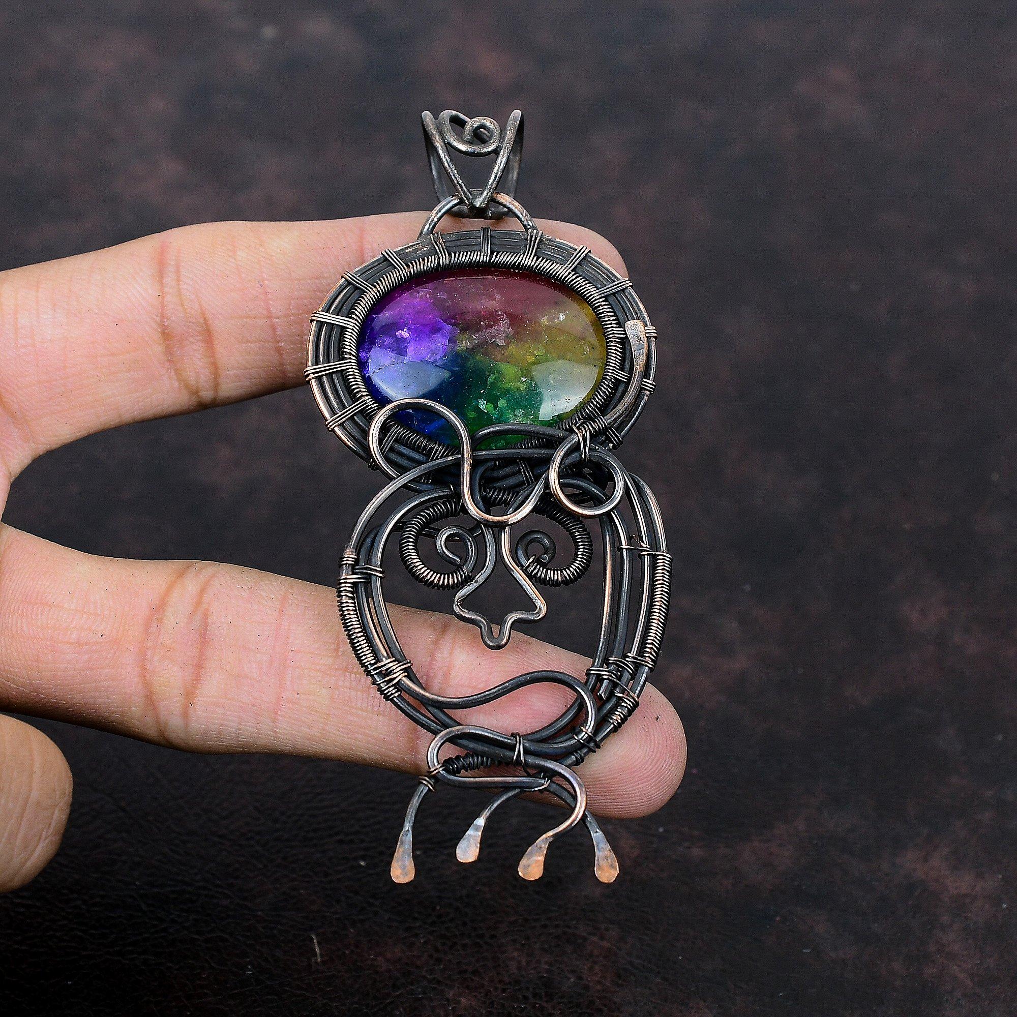 Rainbow Solar Quartz Druzy Pendant Copper Wire Wrapped Pendant Gemstone Pendant Wire Wrap Jewelry For Gift Handmade Pendant Copper Jewelry