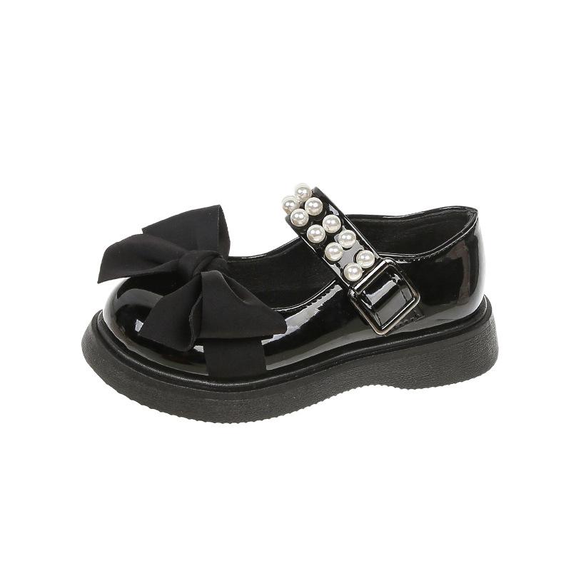 Children Fashion Leather Shoes for Girls Pearls with Bow Simple Platform Cute Princess Party Wedding Shows Kids Shoes Korean PU
