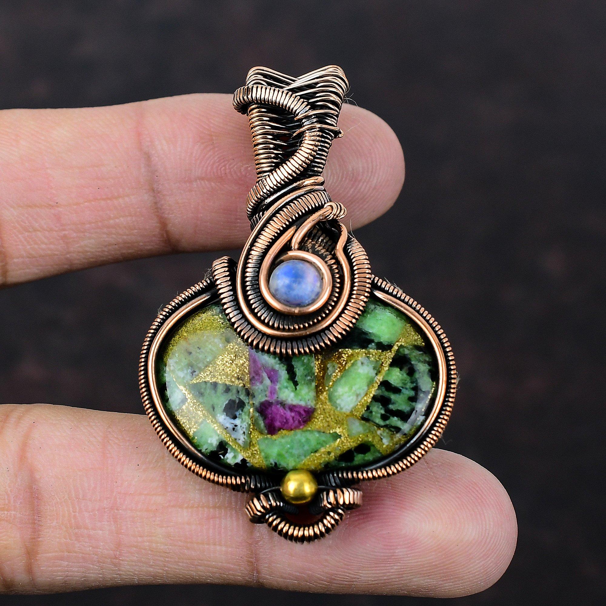 Copper Ruby Zoisite Pendant Copper Wire Wrapped Jewelry Gemstone Pendant Rainbow Moonstone Handmade Jewelry Copper Designer Pendant For Gift