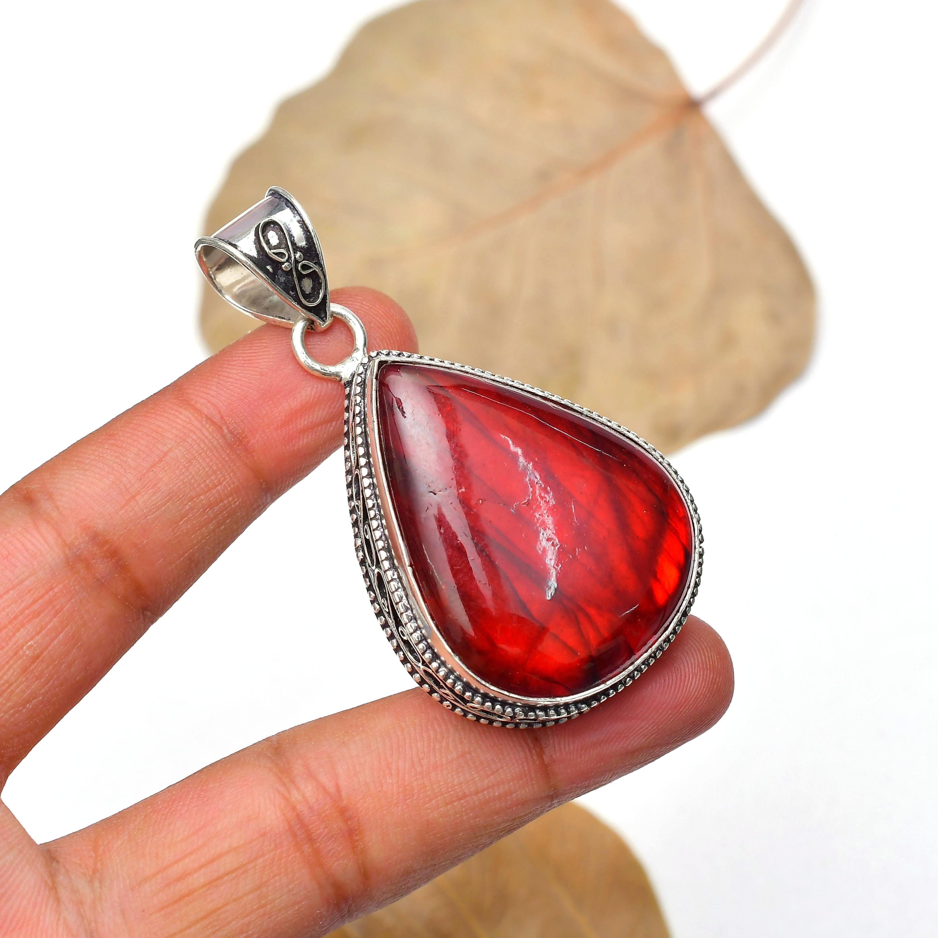 Red Labradorite Gemstone Pendant : 925 Sterling Silver Handmade Jewelry Pendant