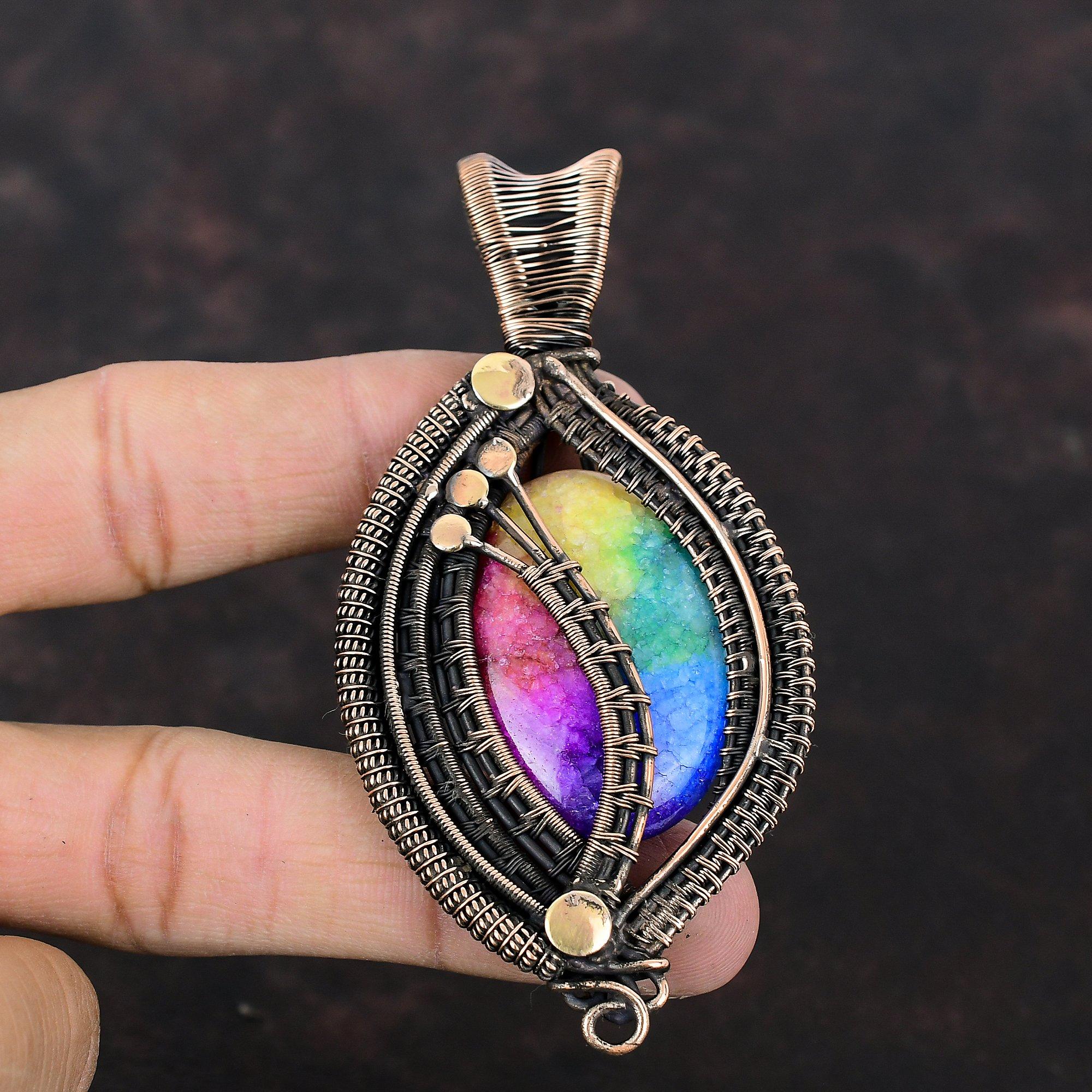 Подвеска Rainbow Solar Quartz Druzy, подвеска из медной проволоки, подвеска ручной работы, очень красивая подвеска из меди, ювелирное изделие из драгоценных камней, подарок на помолвку
