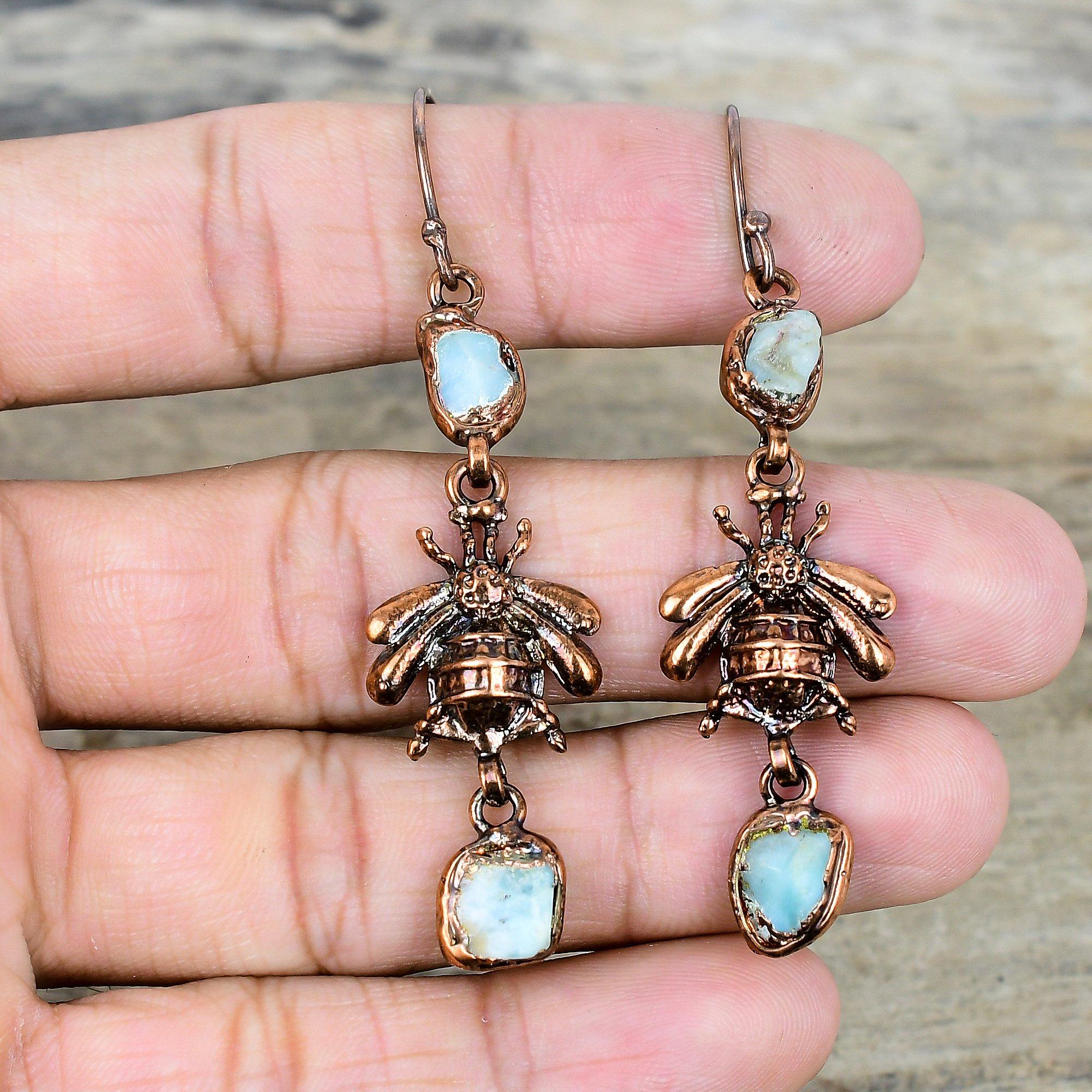 Ларимар необработанные серьги гальванопластика медь серьги медовая пчела ювелирные изделия серьги с драгоценными камнями медные украшения подарки для помолвки ручной работы серьги-капли