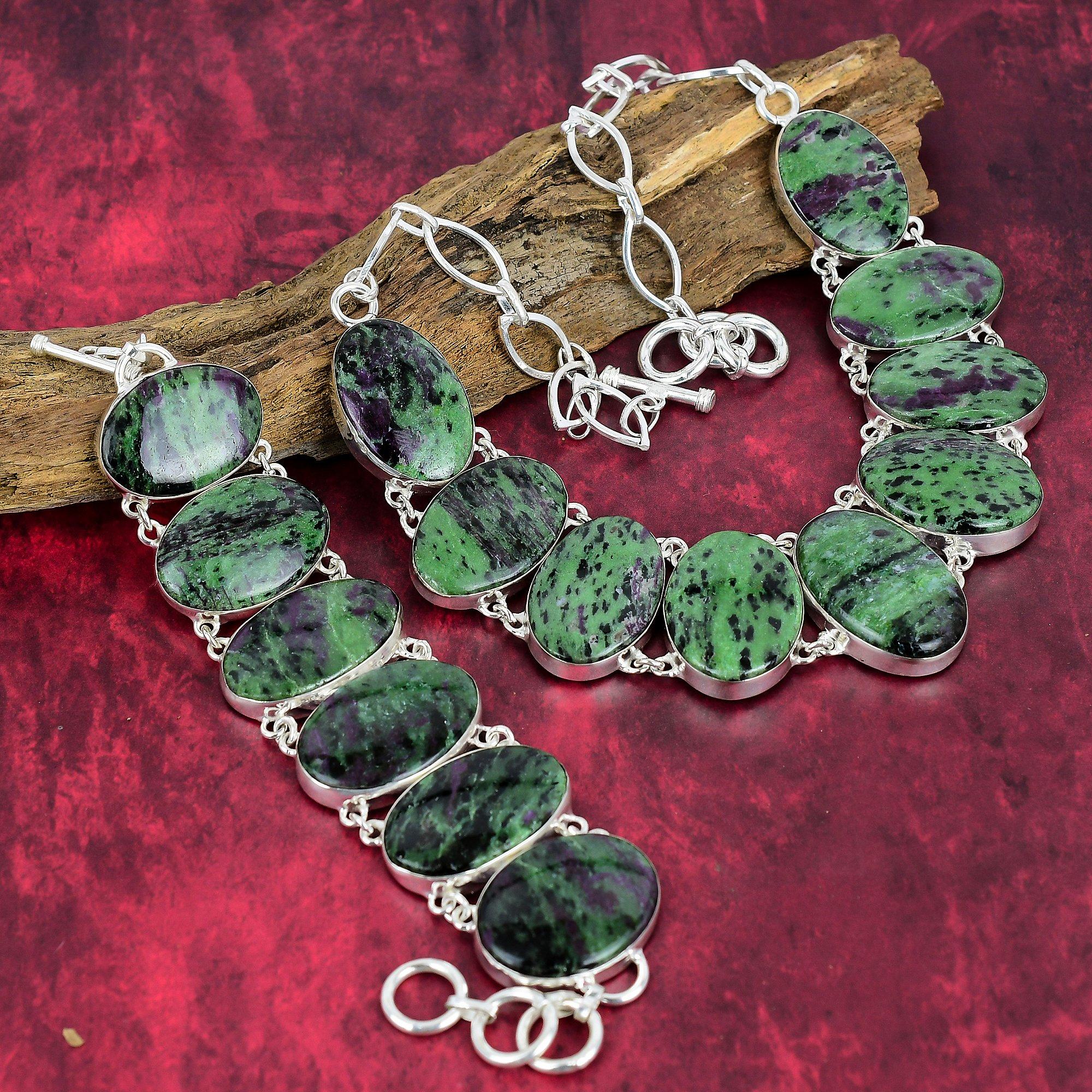 Ruby Zoisite Gemstone Jewelry, 925 Solid Sterling Sliver Bracelet & Necklace Jewelry Set For Women, Gorgeous Handmade Zoisite For Her