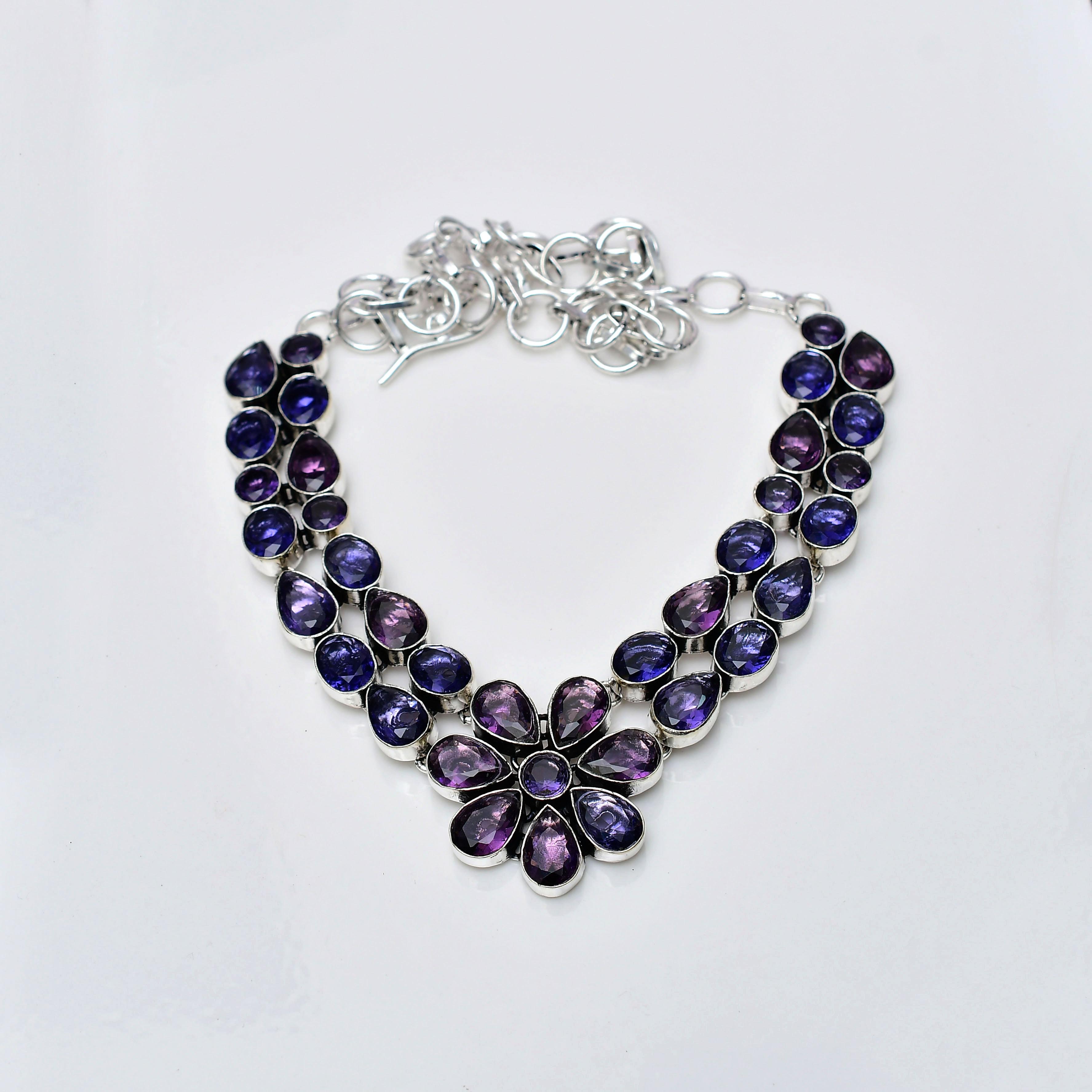 Amethyst Gemstone : 925 Sterling Silver Handmade Multi shape Stone Necklace Jewelry