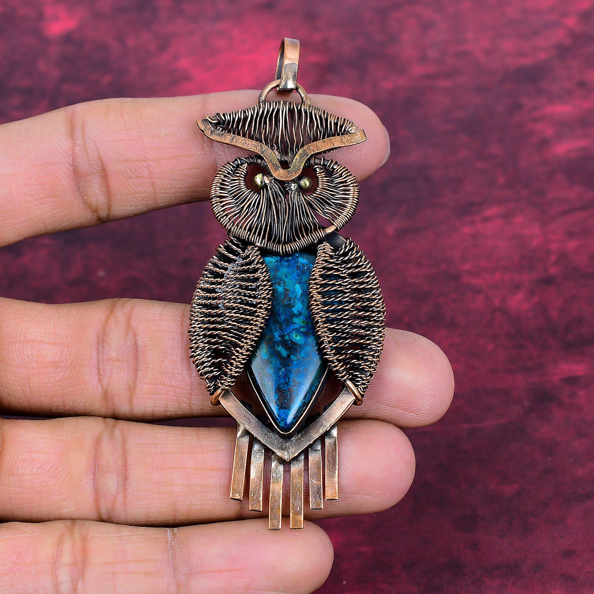 Azurite Malachite Pendant Copper Wire Wrap Antique Jewelry Gemstone Owl Pendant
