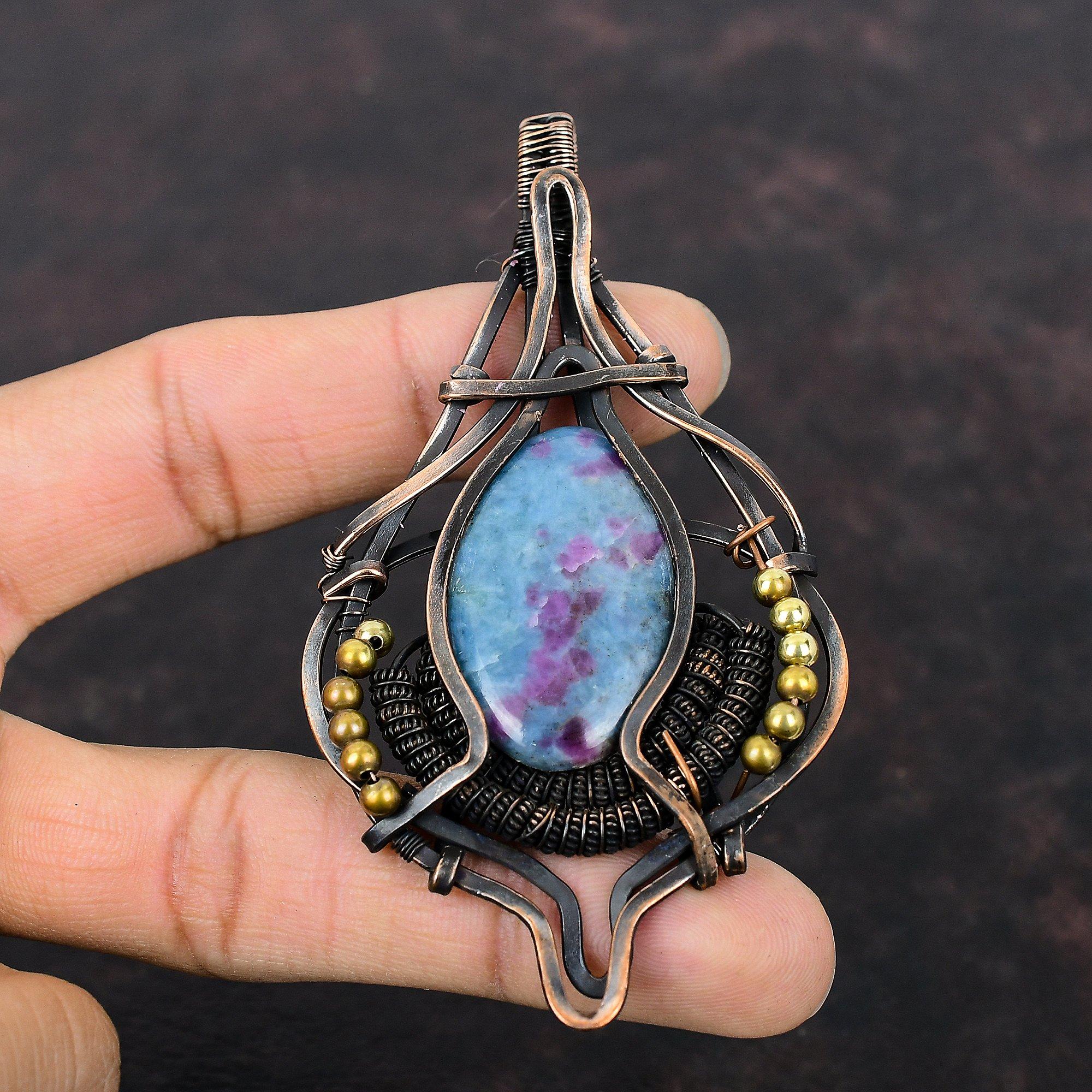 Ruby In Blue Kyanite Pendant Copper Wire Wrapped Gemstone Pendant Copper Designer Jewelry Handmade Pendant Wire Wrap Jewelry Gift For Mother