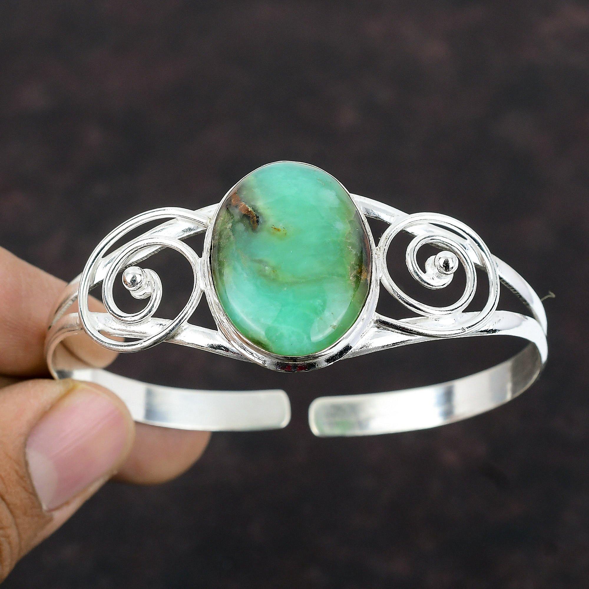 Браслет из драгоценных камней с хризопразом, стильный браслет-манжета, браслет из стерлингового серебра 925 пробы, регулируемый браслет-манжета, серебряные украшения ручной работы, подарок для женщин