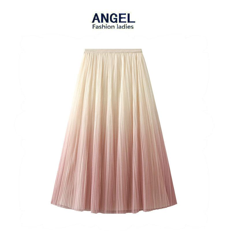 Spring and Summer Women's Skirts Elegant Temperament Gradient Color Pleated Half-body Skirt Long Skirt High Waist A-line Skirt