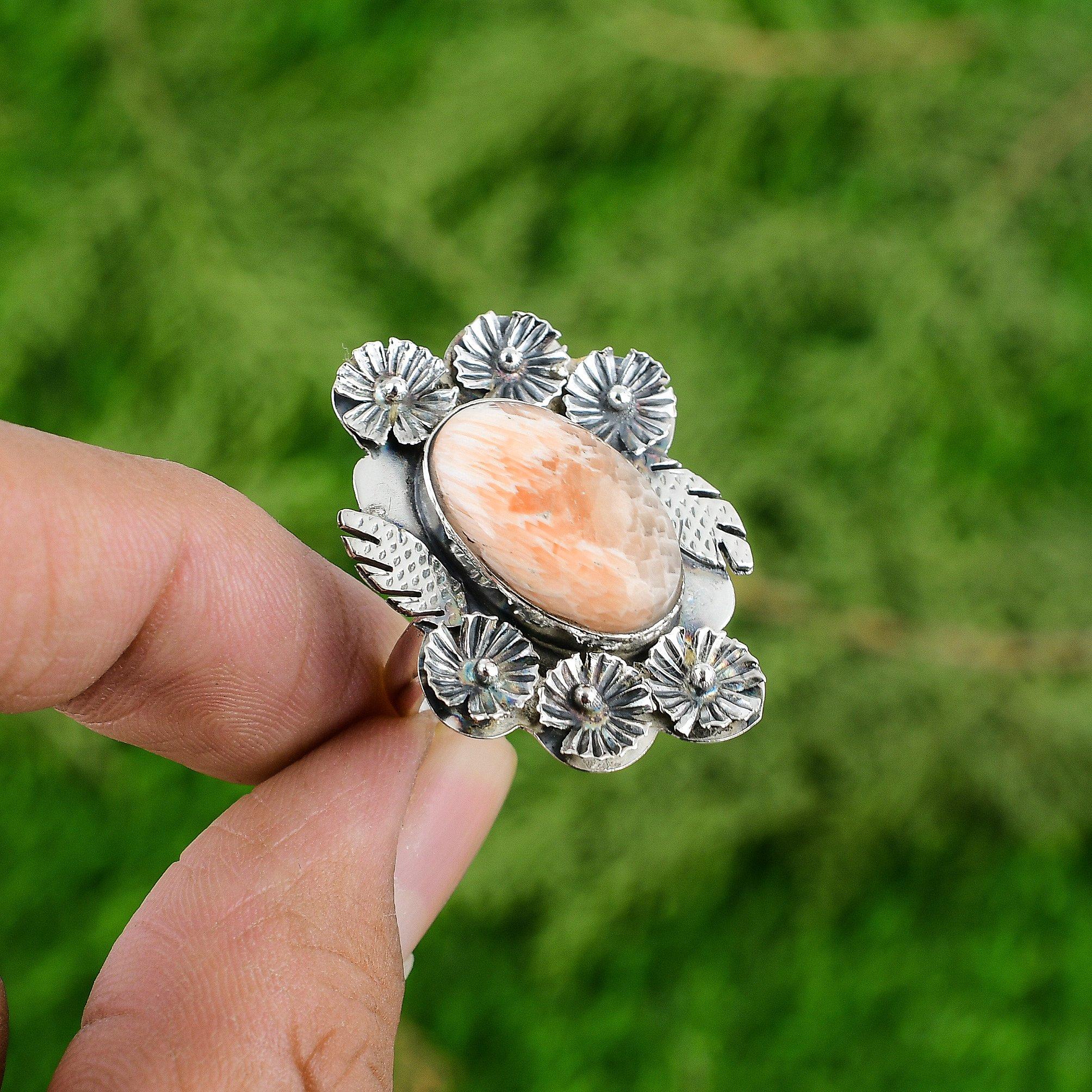 Natural Scolecite Gemstone Statement Flower Peach Adjustable Ring 925 Silver