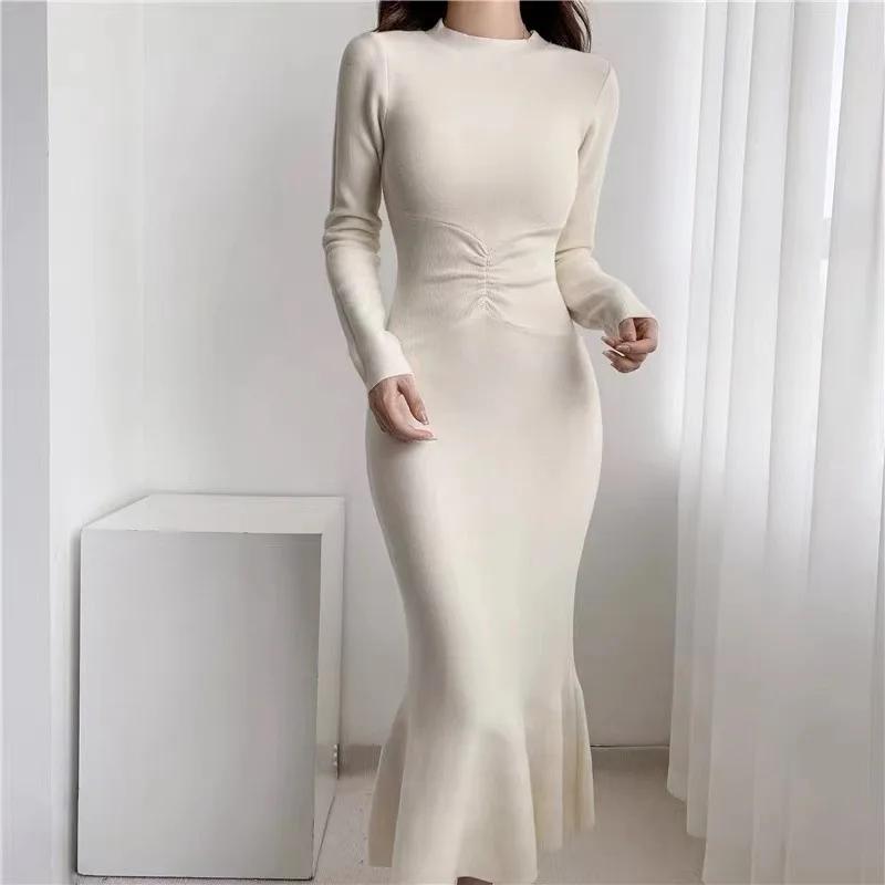Women Knitting Mermaid Dress Autumn Winter Long Sleeve Half High Collar Solid Elegant Slim Vintage Pullover Sweater Dress