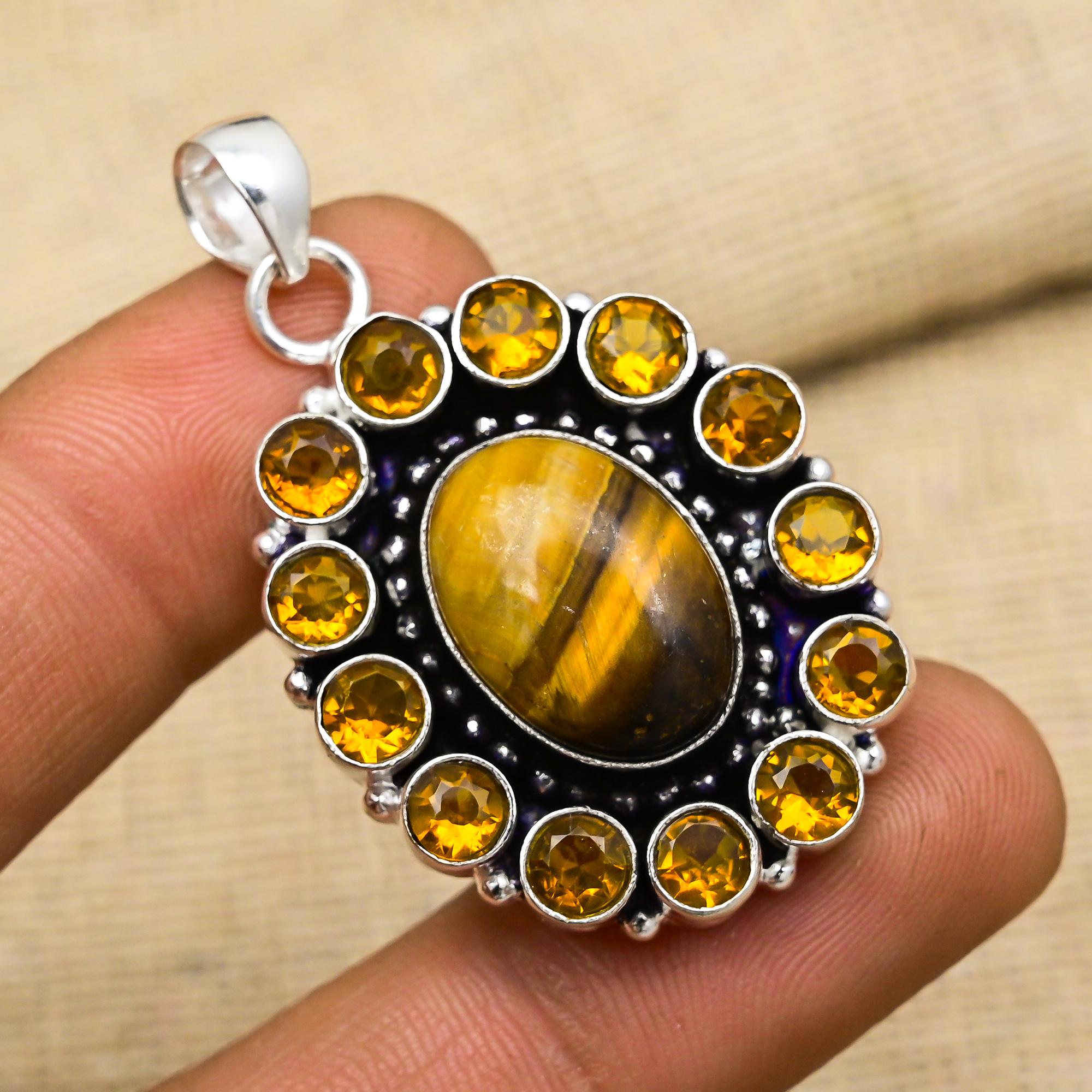 Подвеска ручной работы из серебра 925 пробы с тигровым глазом и цитрином