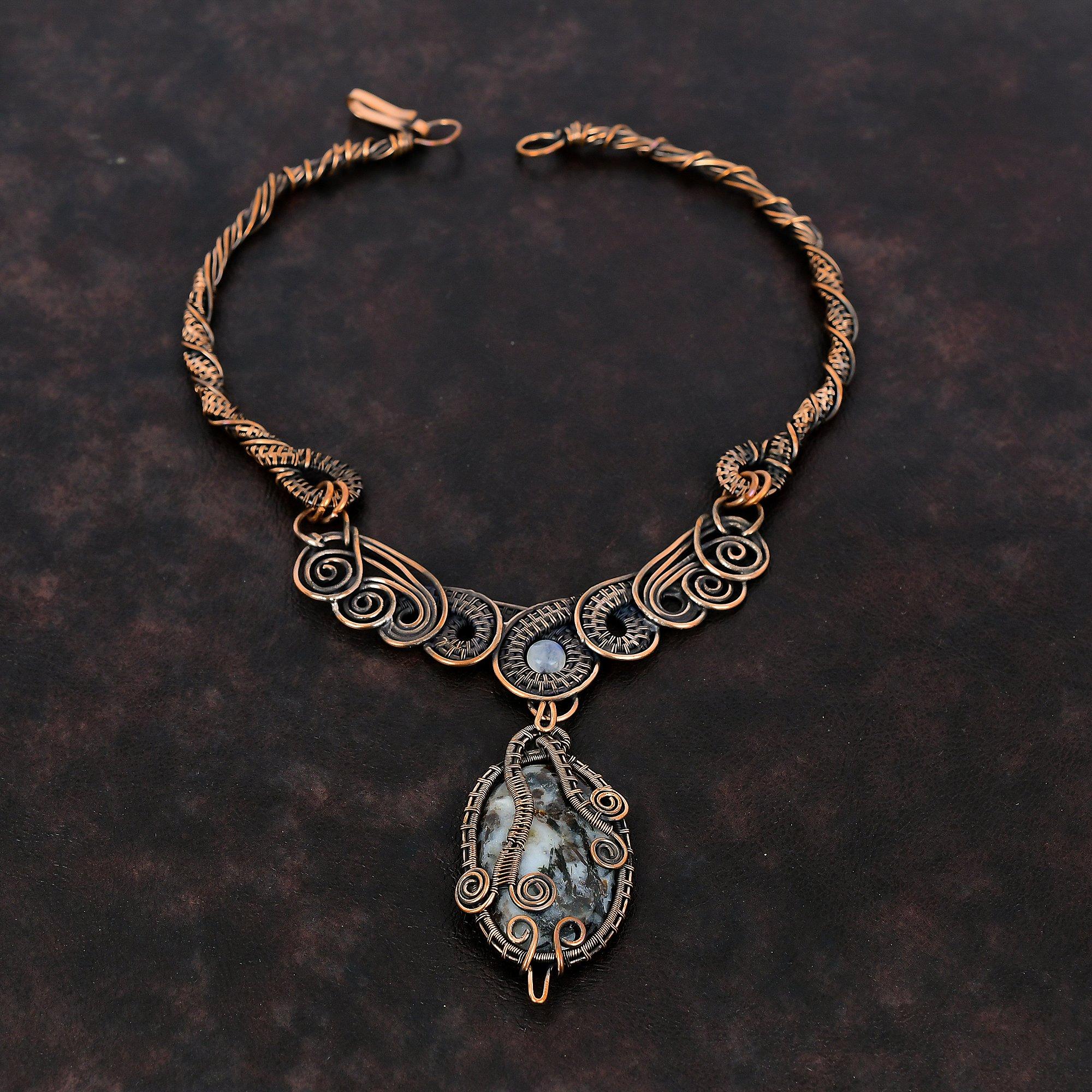 Ожерелье с астрофиллитом, ожерелье из медной проволоки, ювелирные изделия ручной работы в стиле бохо, ожерелье из радужного лунного камня, подарок для женщин, ювелирные изделия из меди с драгоценными камнями