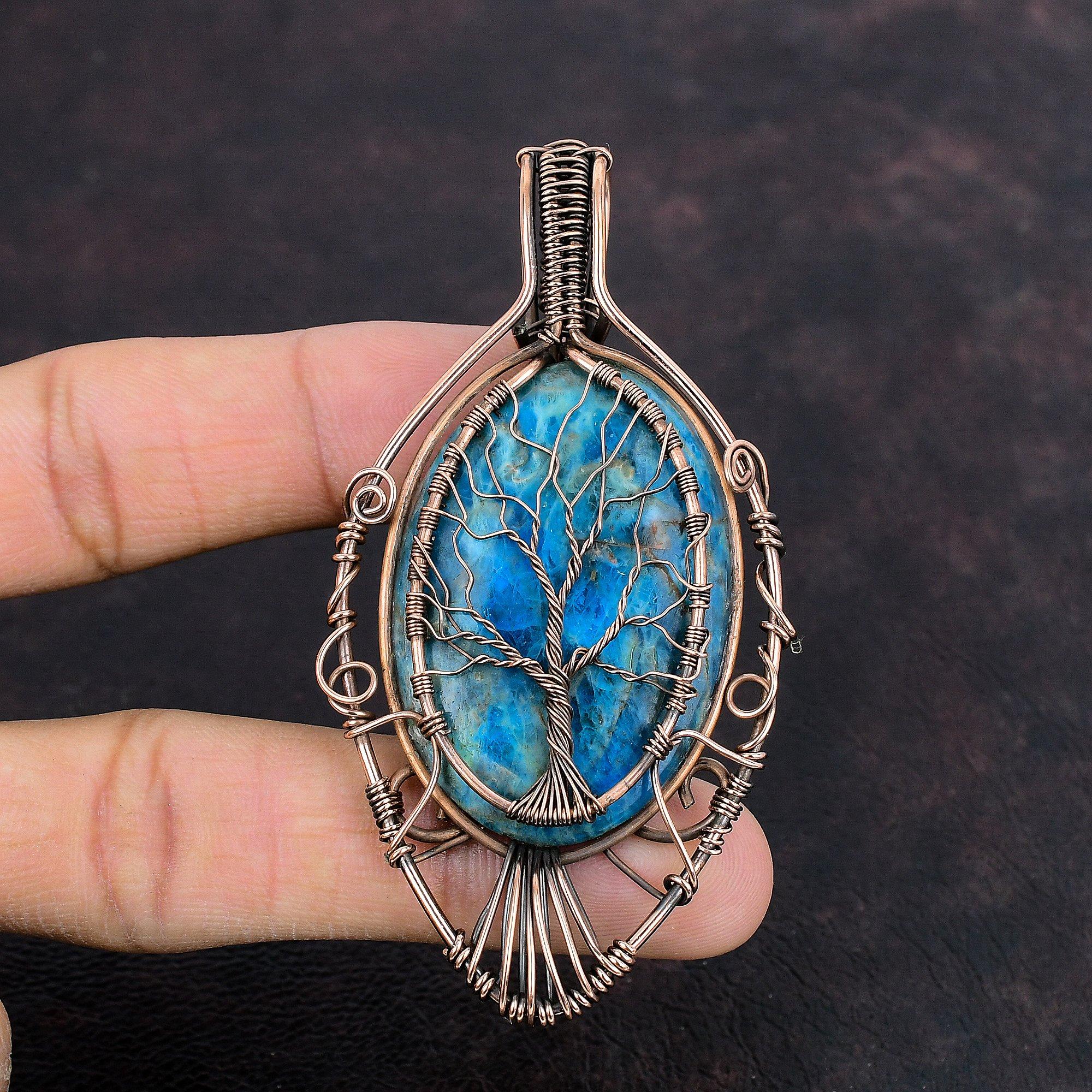 Подвеска из неонового апатита «Дерево жизни», медная проволока, обернутая подвеской, драгоценный камень, медные украшения, подвеска ручной работы «Дерево жизни», ювелирные изделия, подарок на годовщину